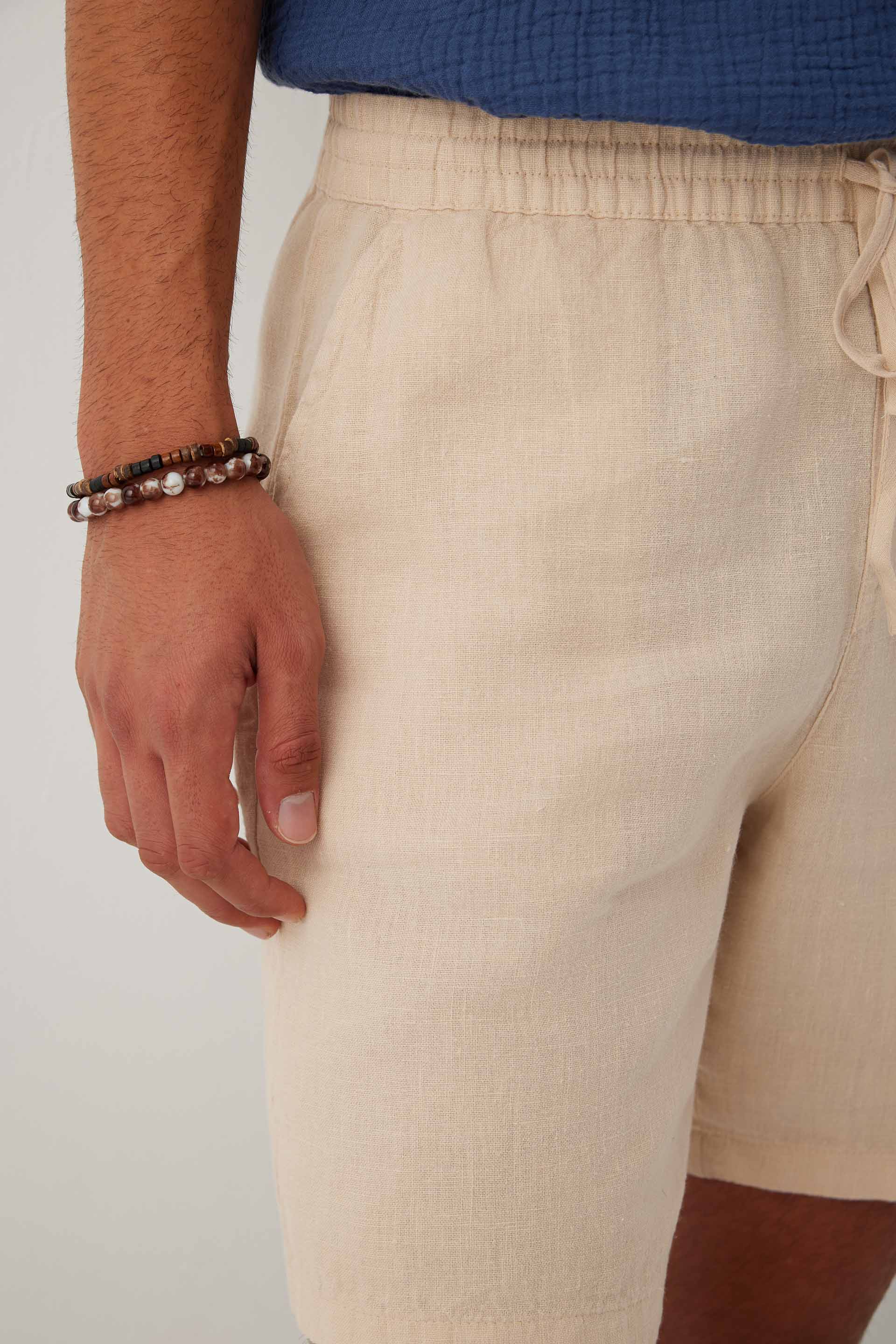 Rahat Kesim %100 Keten Kısa Erkek Şort #renk_Bej