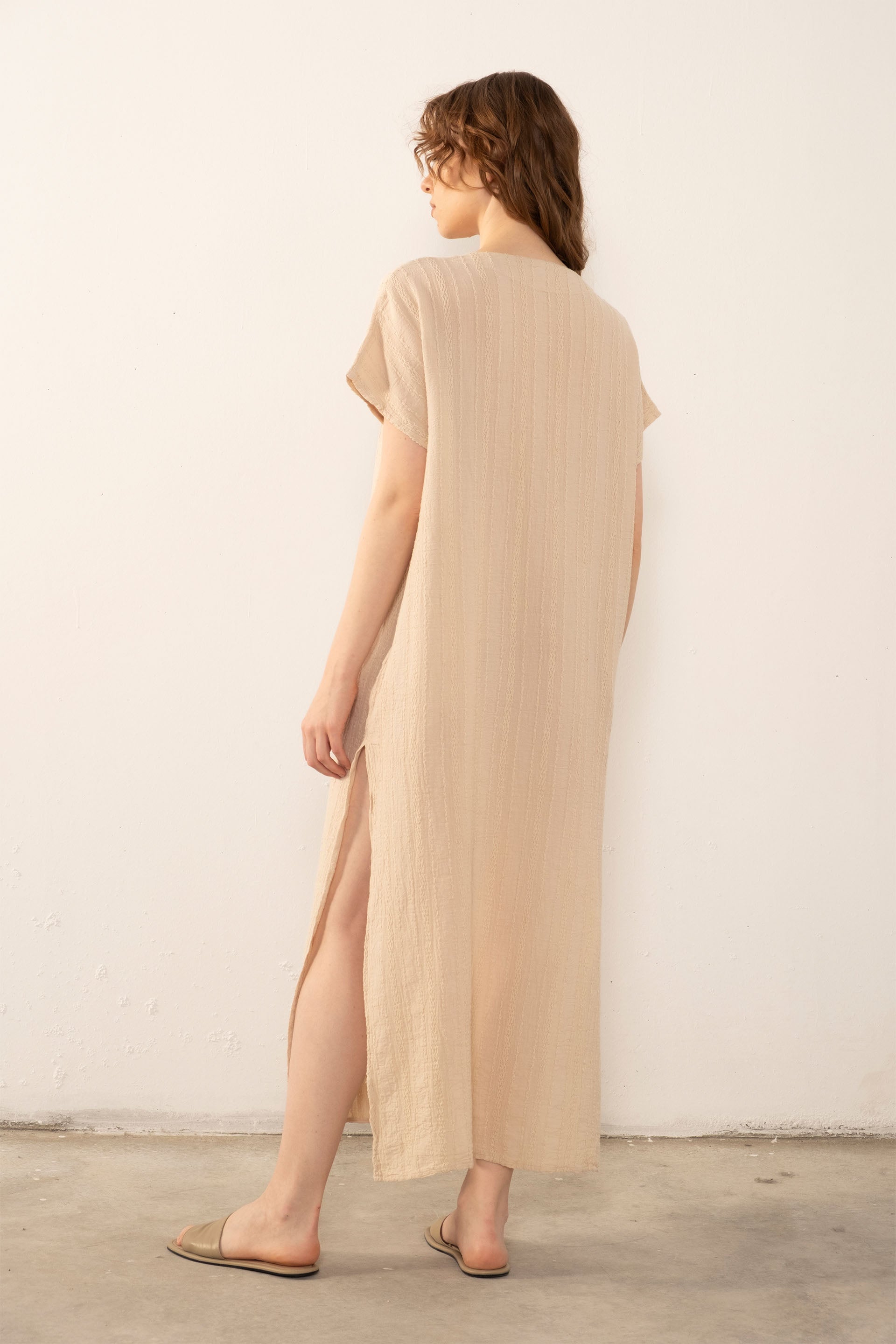 Desenli Dokuma Maxi Kaftan Elbise #Renk_ Bej