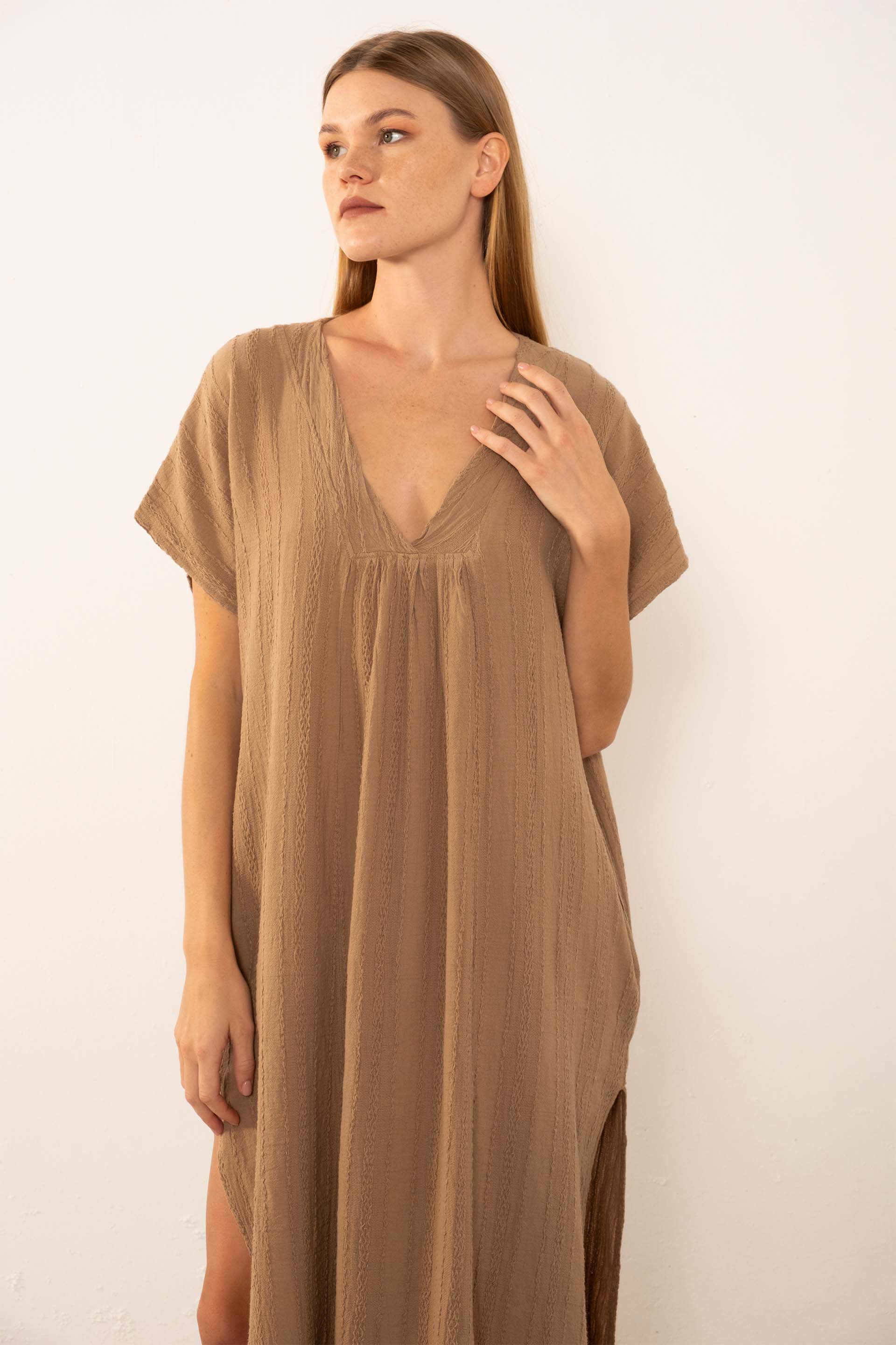 Desenli Dokuma Maxi Kaftan Elbise #renk_Kahve