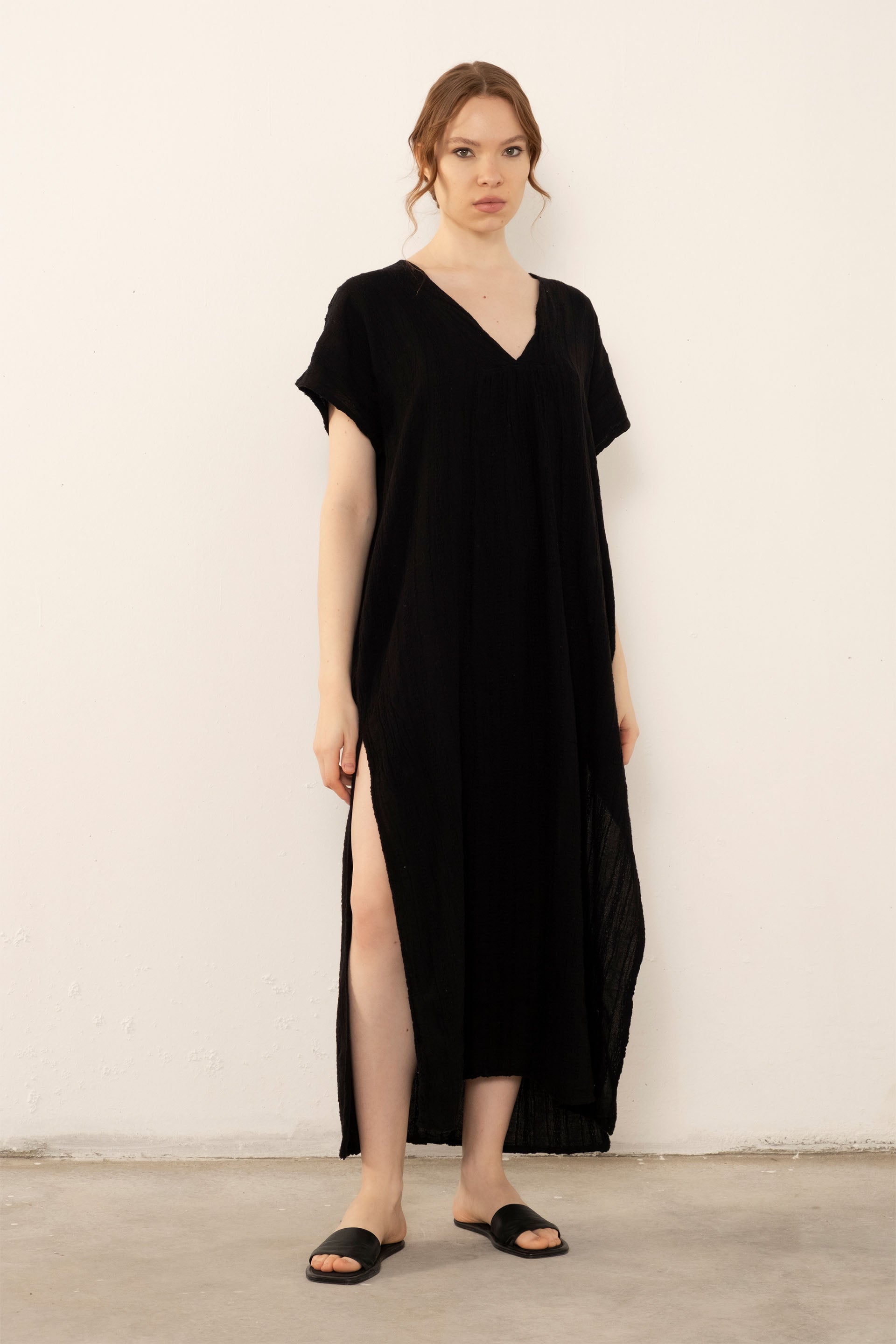 Desenli Dokuma Maxi Kaftan Elbise #Renk_ Siyah