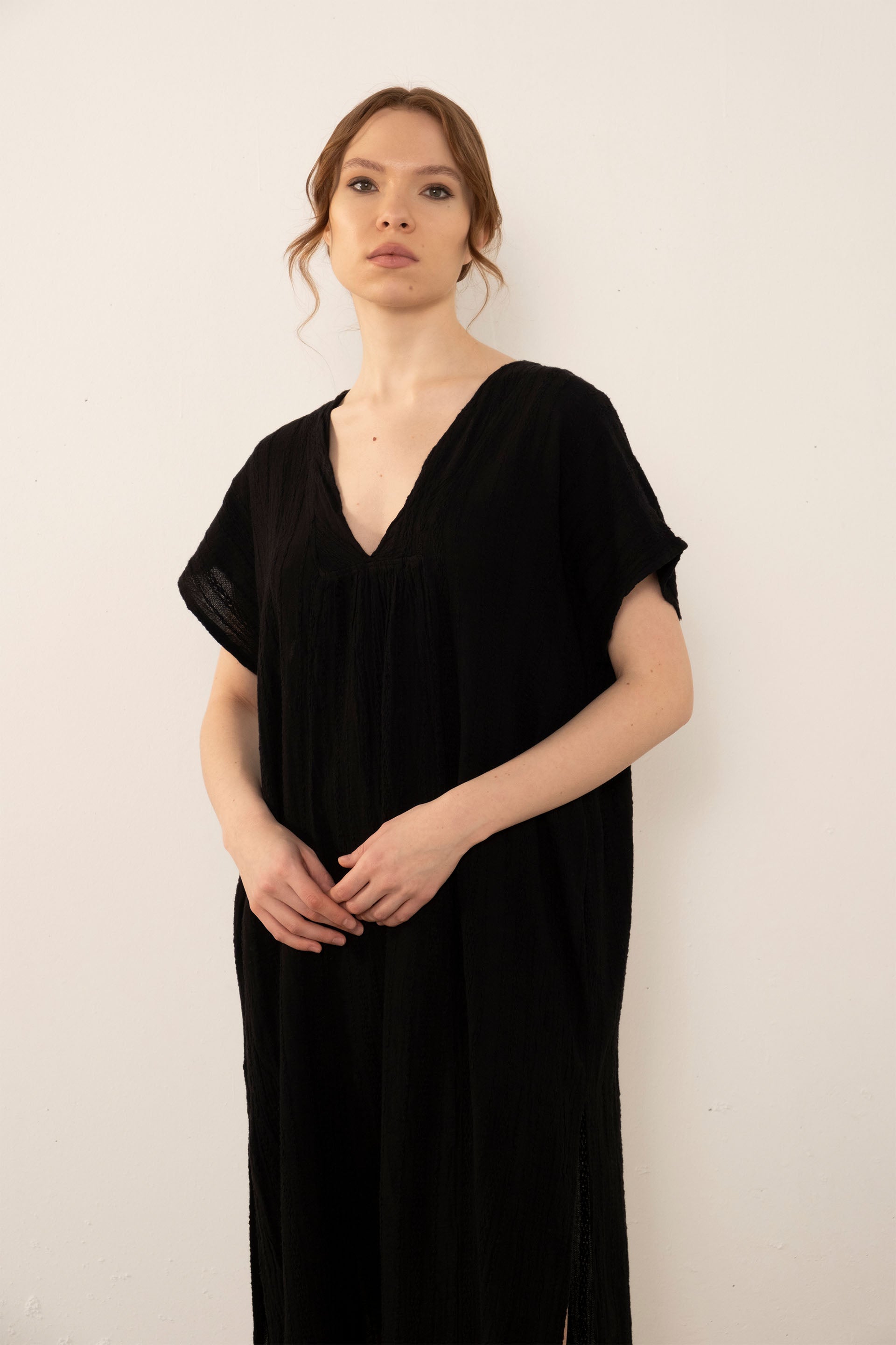 Desenli Dokuma Maxi Kaftan Elbise #Renk_ Siyah