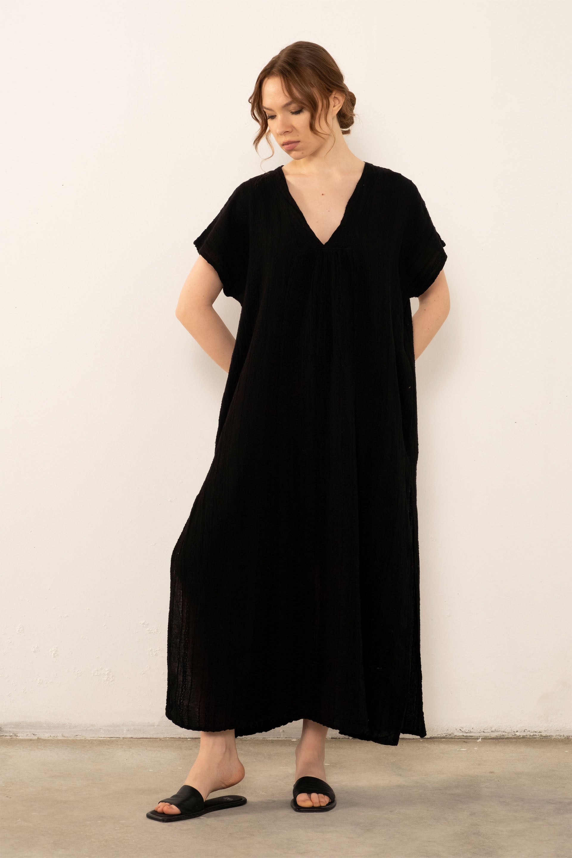 Desenli Dokuma Maxi Kaftan Elbise #Renk_ Siyah