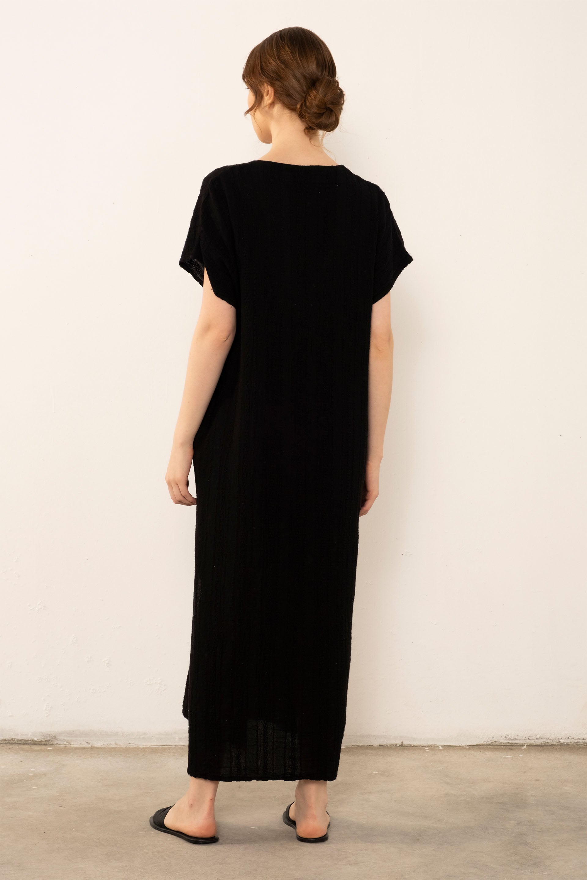 Desenli Dokuma Maxi Kaftan Elbise #Renk_ Siyah