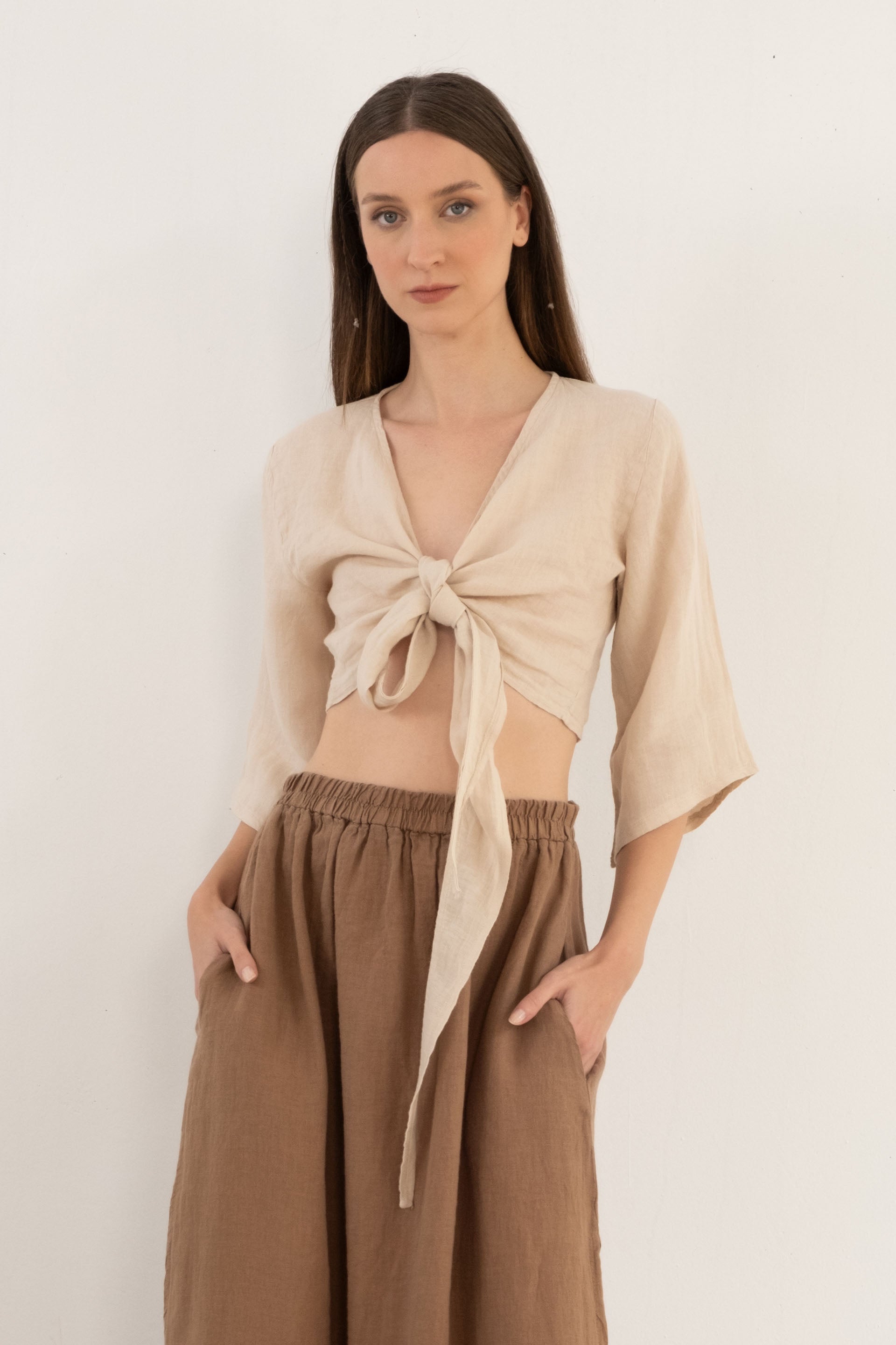 Keten Anvelop Bağlamalı Bluz / Bej #renk_Bej