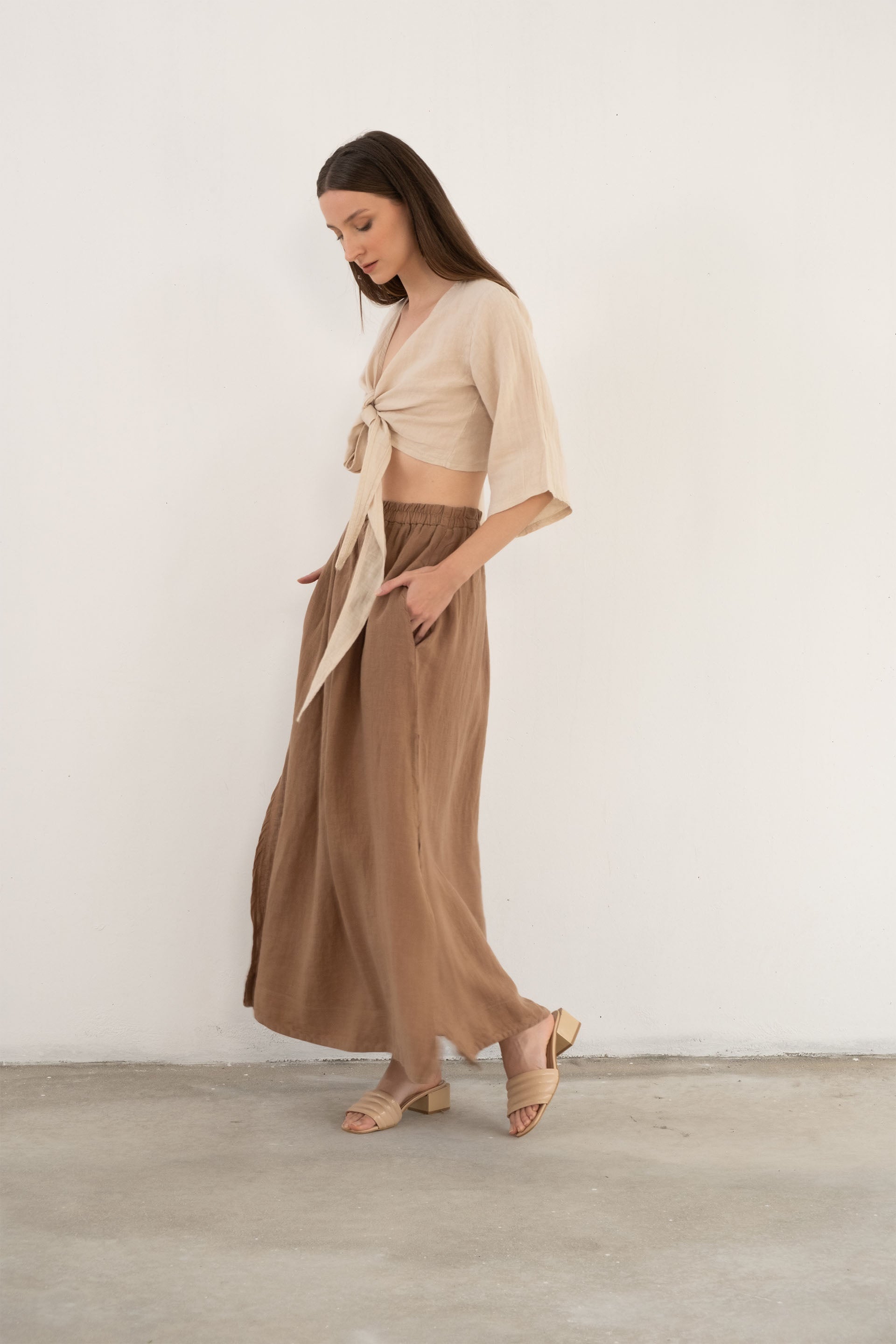 Keten Anvelop Bağlamalı Bluz / Bej #renk_Bej