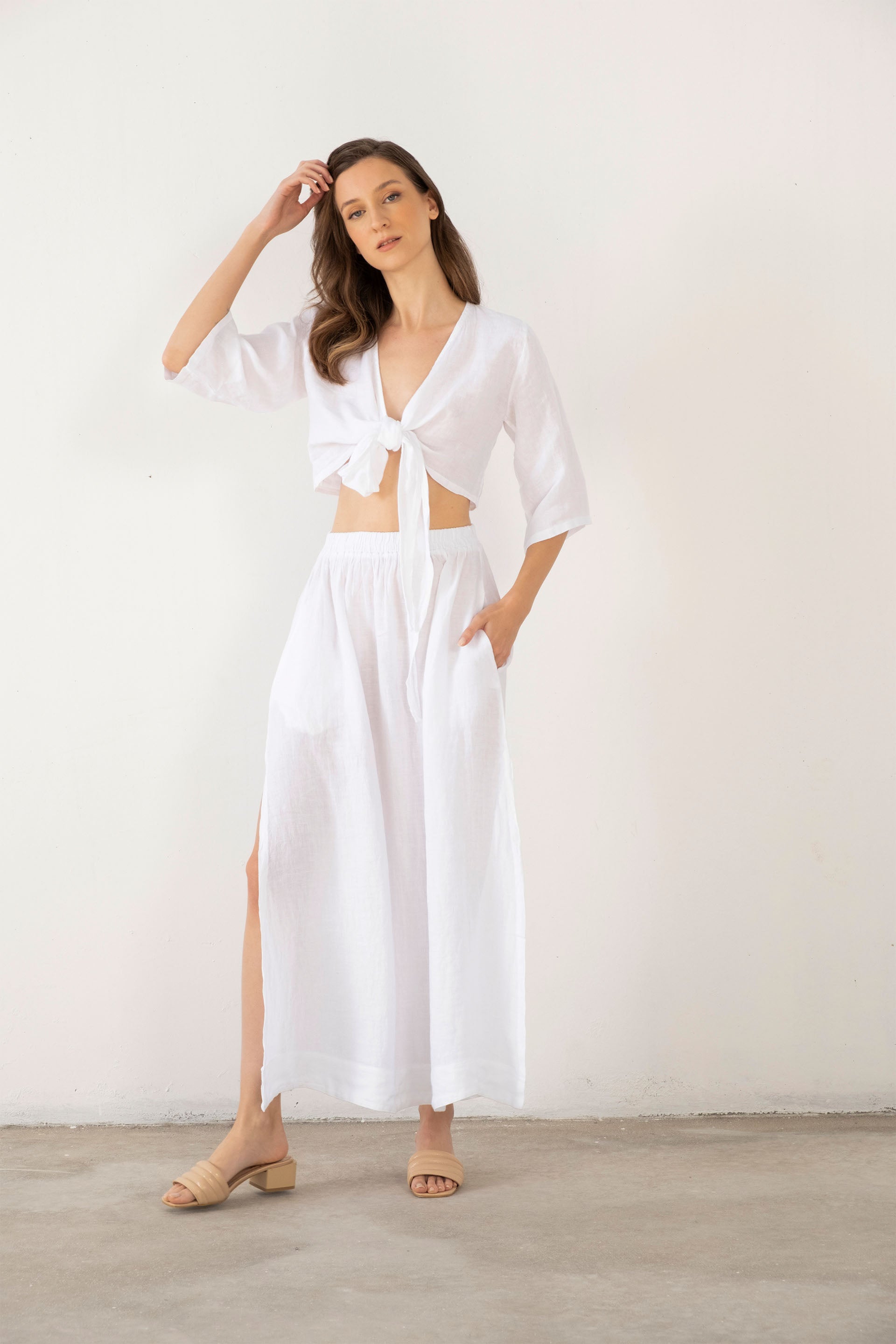 Keten Anvelop Bağlamalı Bluz / Renk #renk_Beyaz