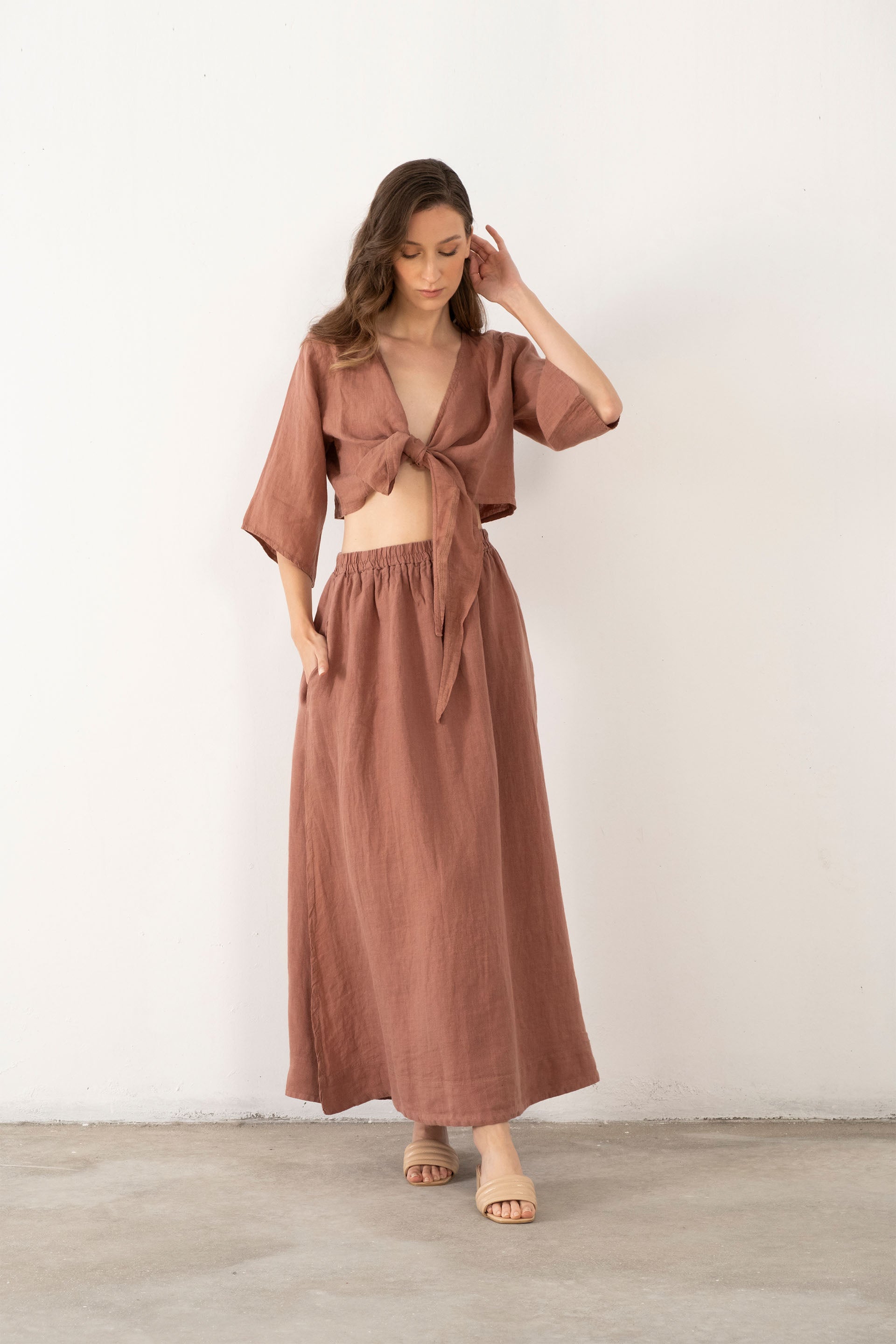 Keten Anvelop Bağlamalı Bluz / Gül Kurusu #renk_Gül Kurusu