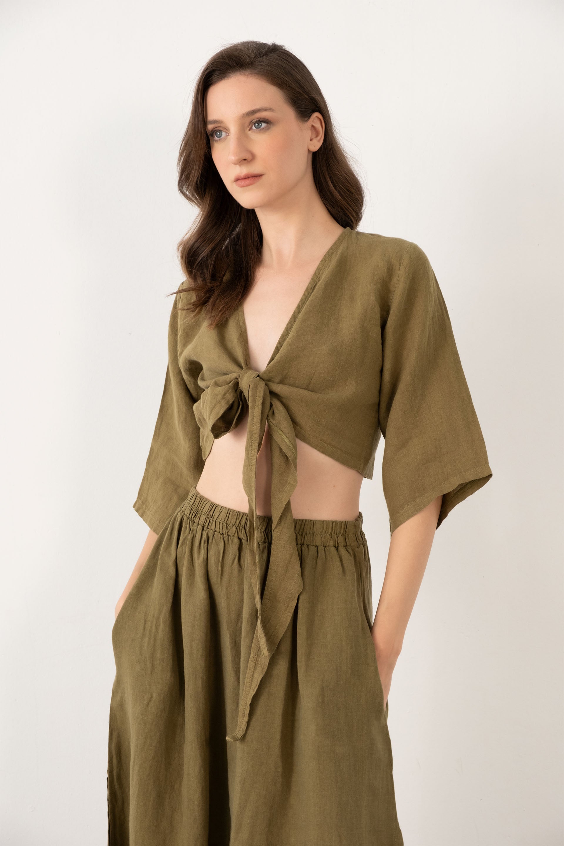 Keten Anvelop Bağlamalı Bluz / Haki #renk_Haki