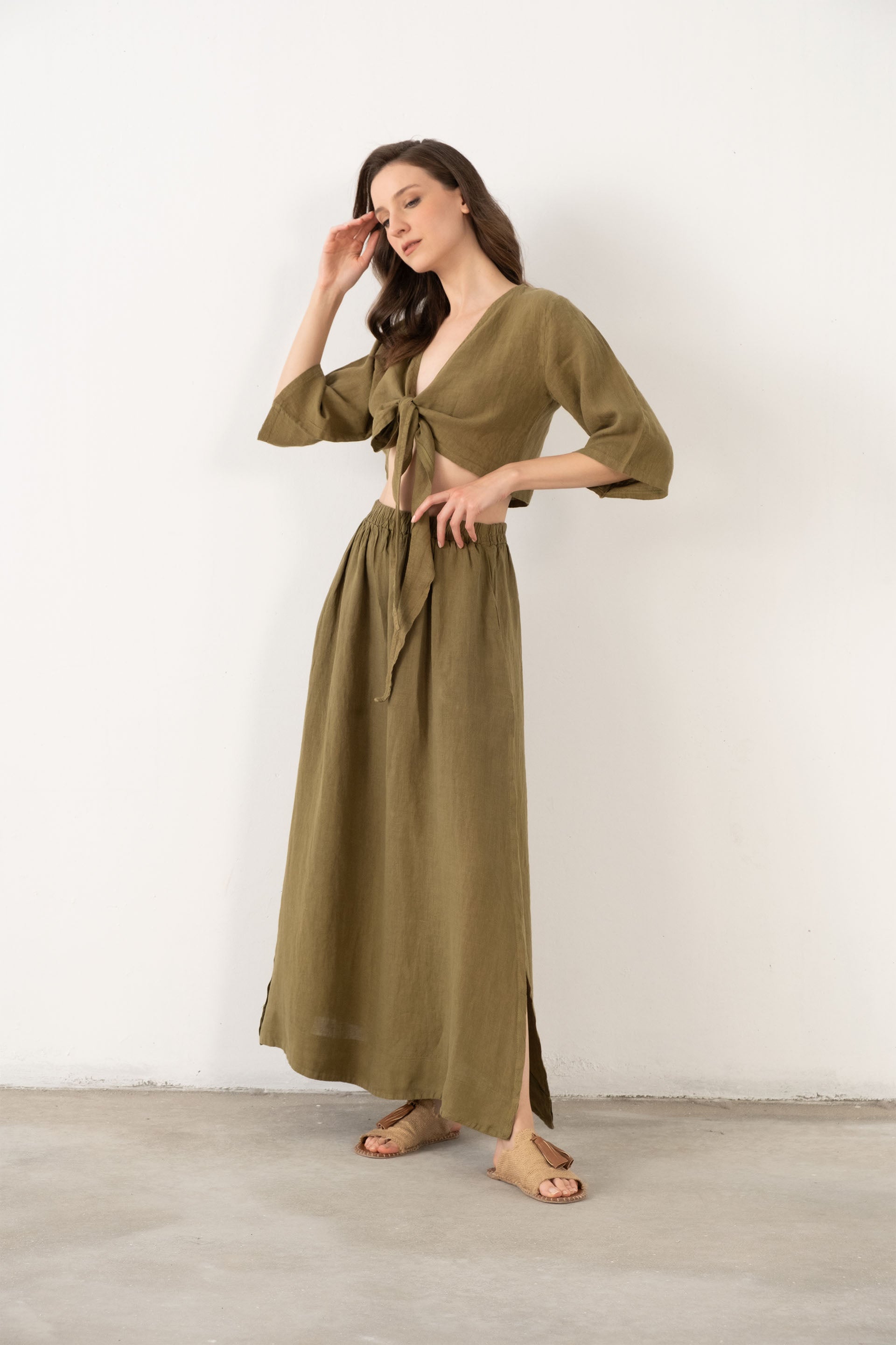 Keten Anvelop Bağlamalı Bluz / Haki #renk_Haki