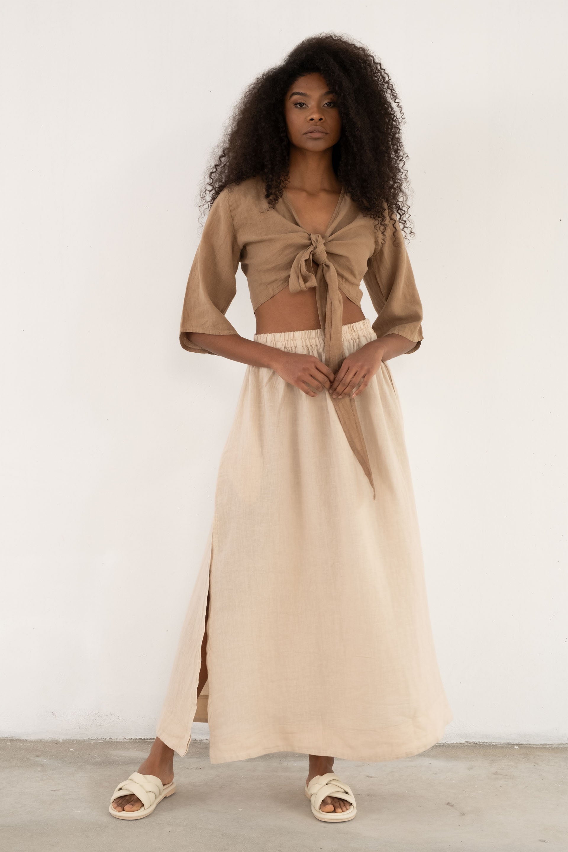 Keten Anvelop Bağlamalı Bluz / Kahve #renk_Kahve