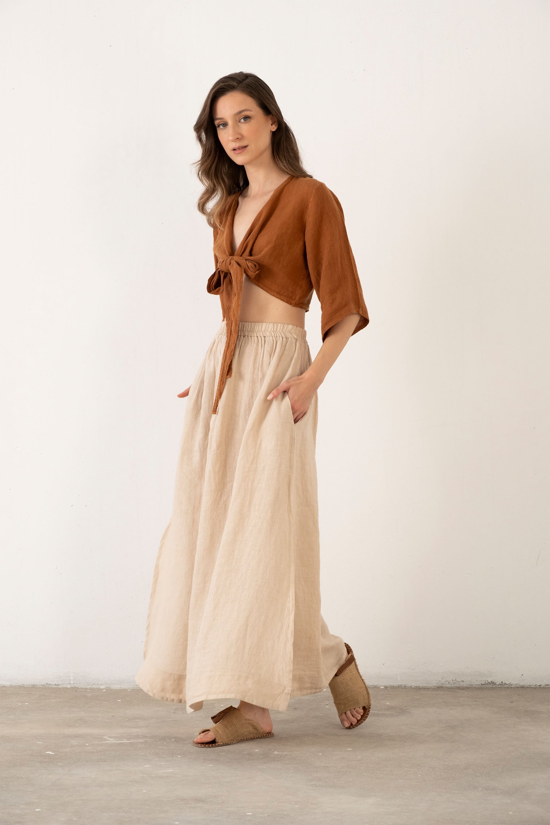 Keten Anvelop Bağlamalı Bluz / Kiremit #renk_Kiremit