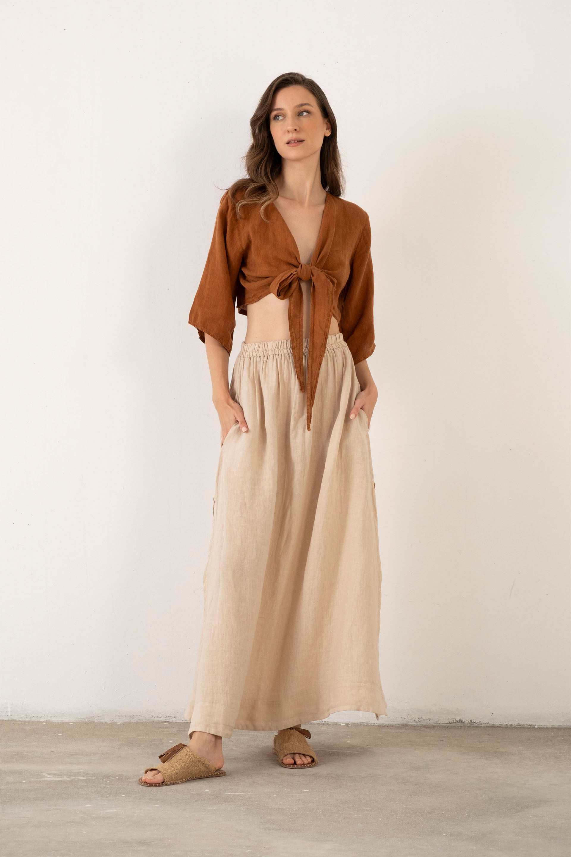 Keten Anvelop Bağlamalı Bluz / Kiremit #renk_Kiremit