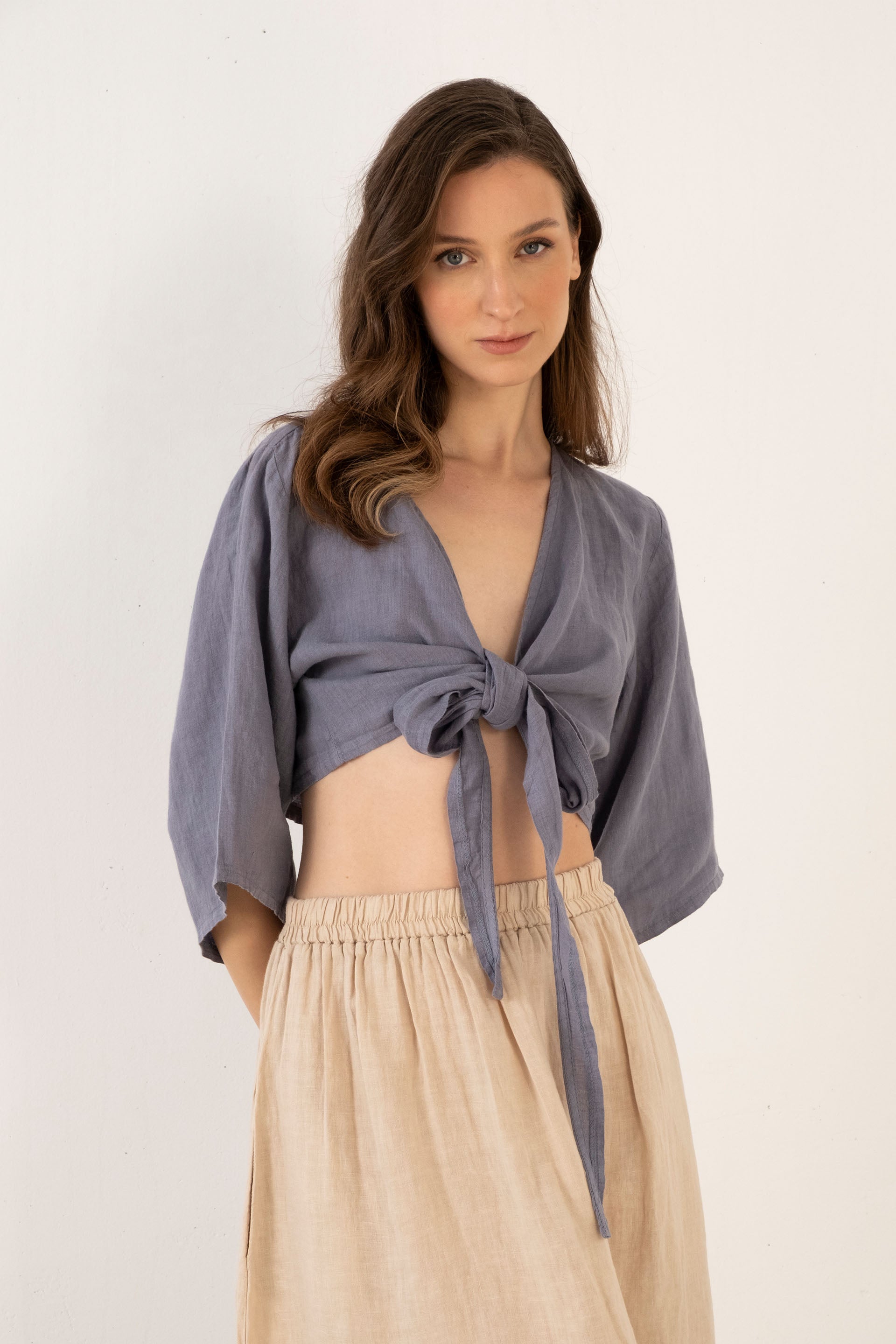 Keten Anvelop Bağlamalı Bluz / Lila #renk_Lila