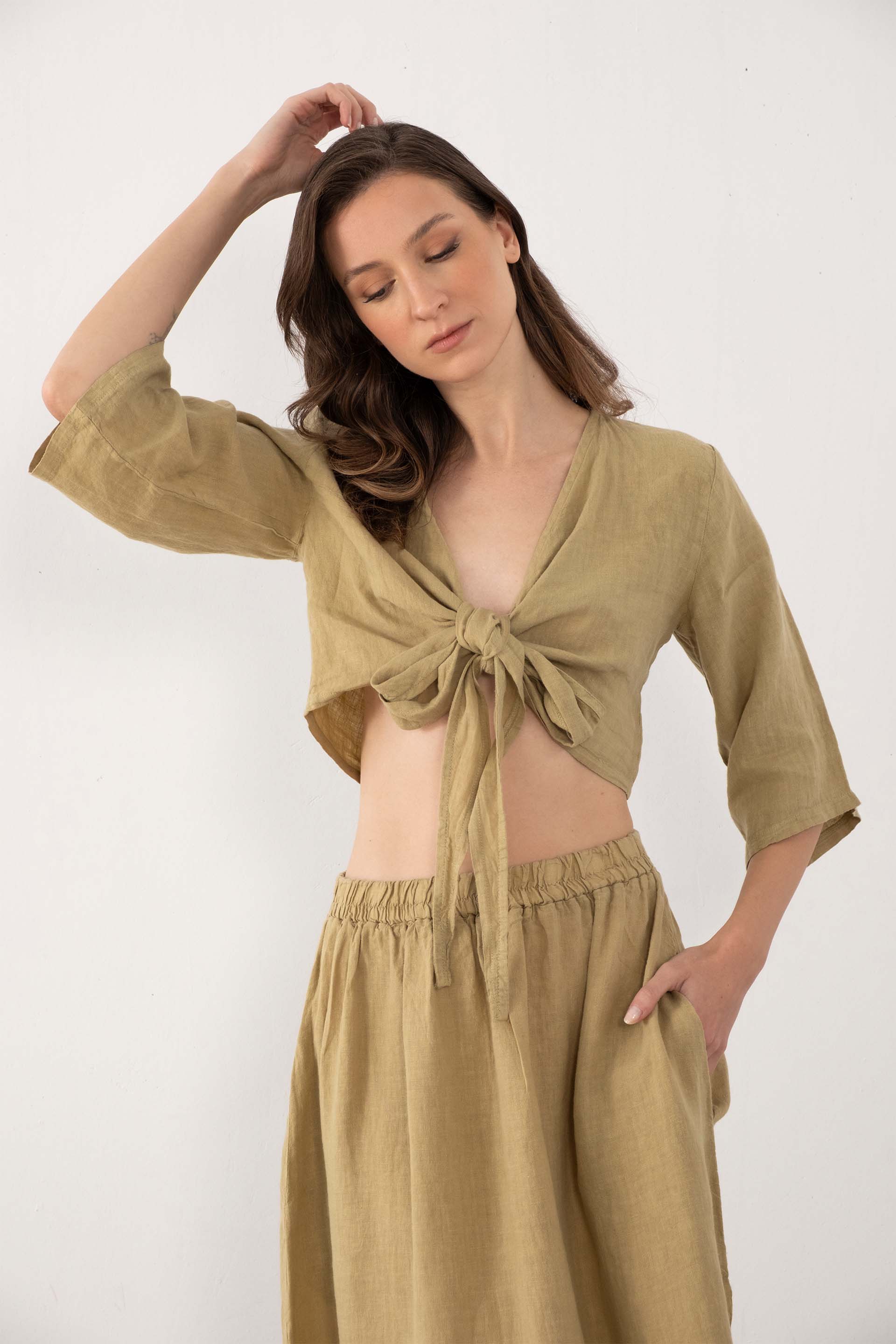 Keten Anvelop Bağlamalı Bluz / Mint #renk_Mint
