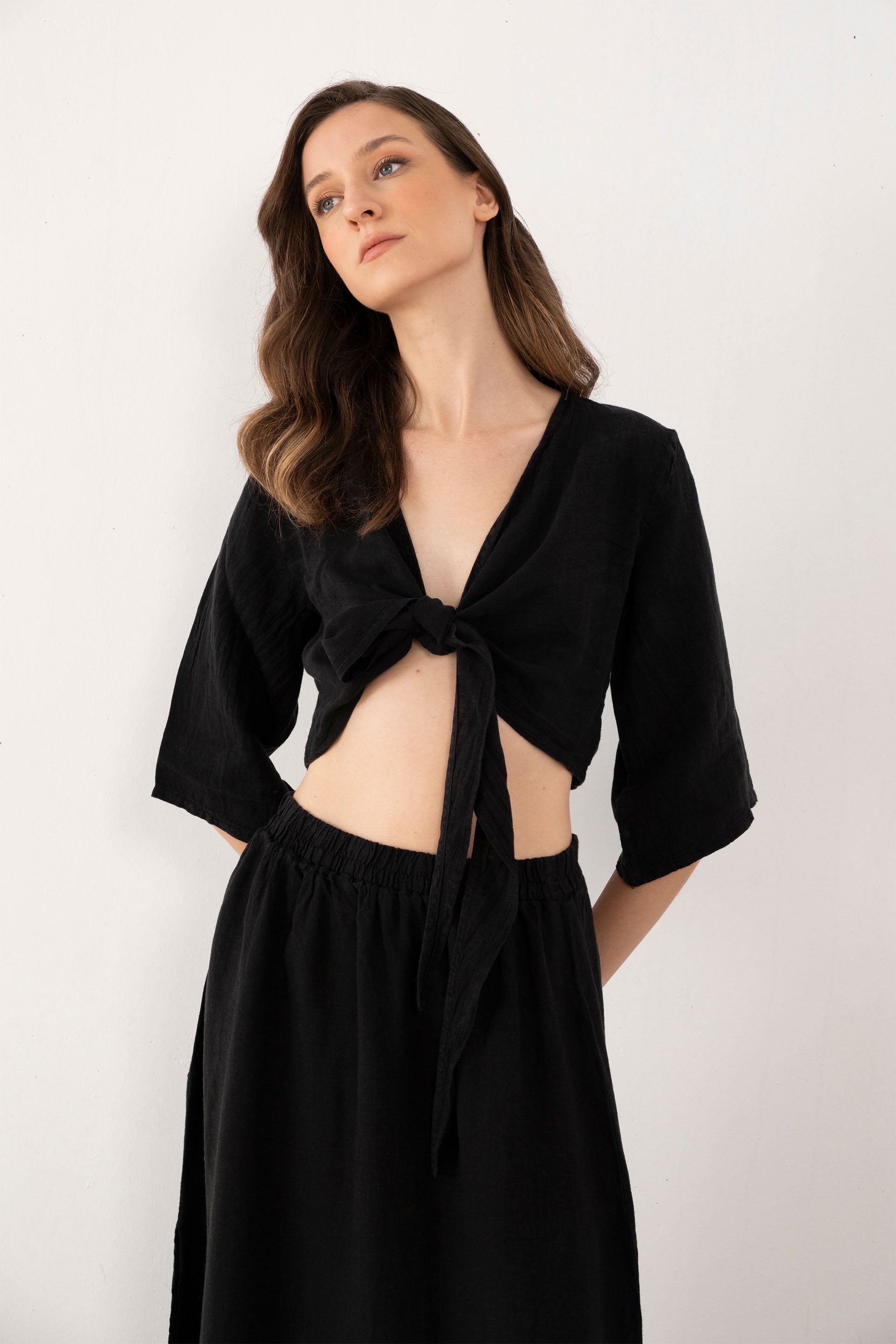 Keten Anvelop Bağlamalı Bluz / Siyah #renk_Siyah