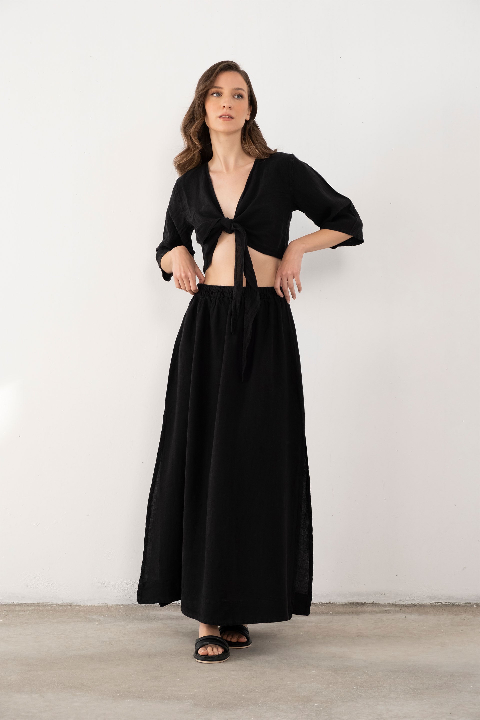 Keten Anvelop Bağlamalı Bluz / Siyah #renk_Siyah