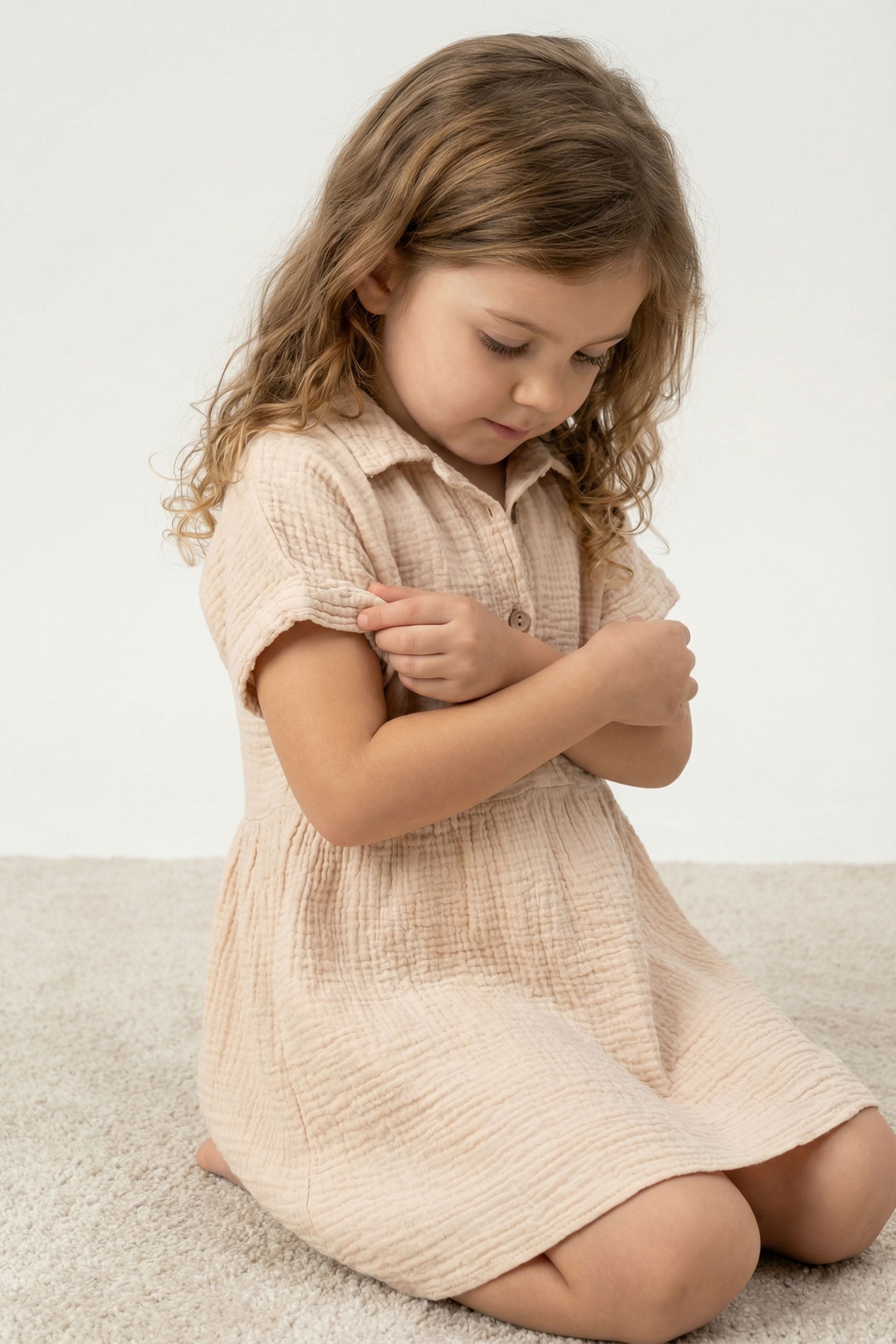 Müslin Yakalı Kız Çocuk Elbisesi #Renk_ Bej