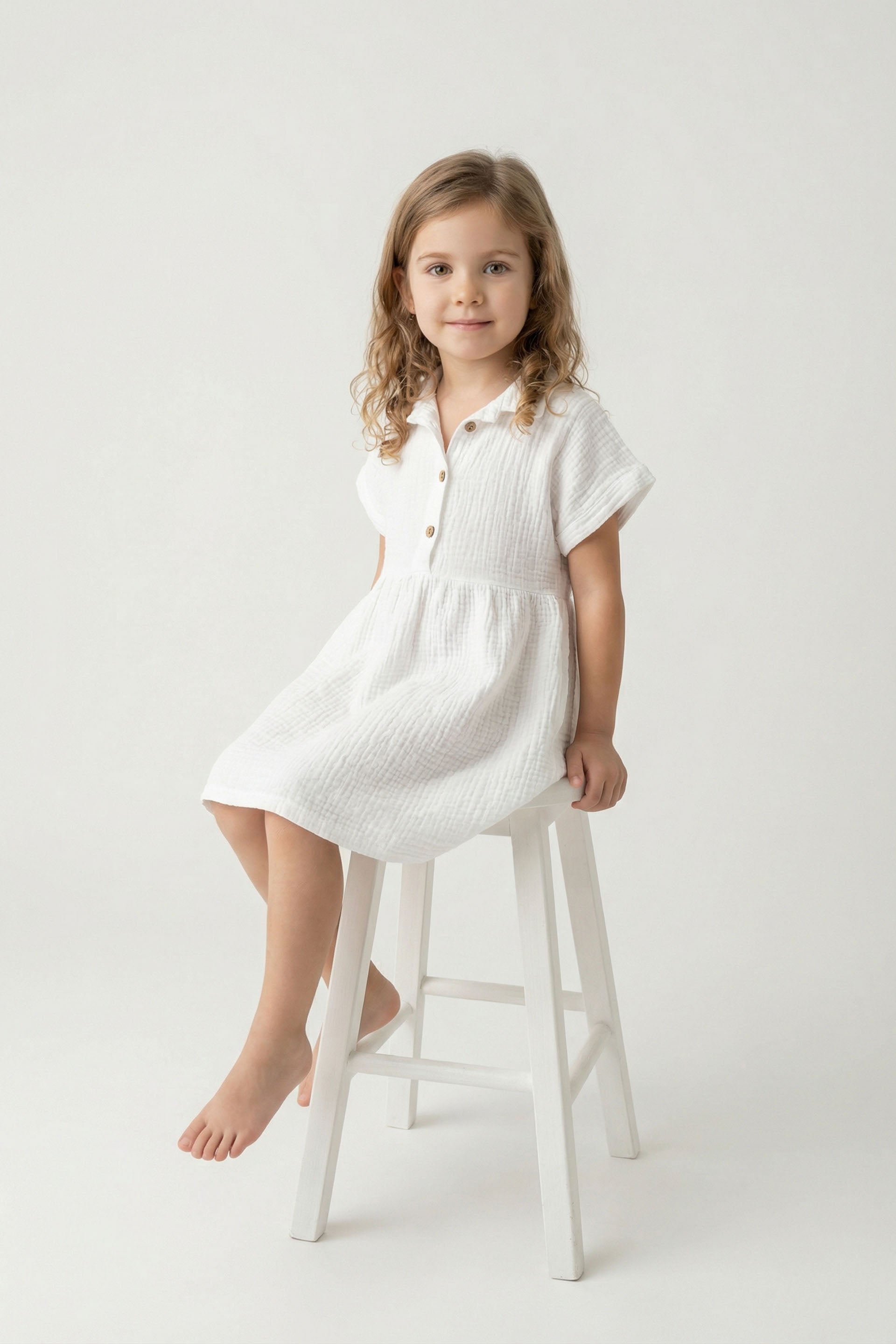 Müslin Yakalı Kız Çocuk Elbisesi #Renk_ Beyaz