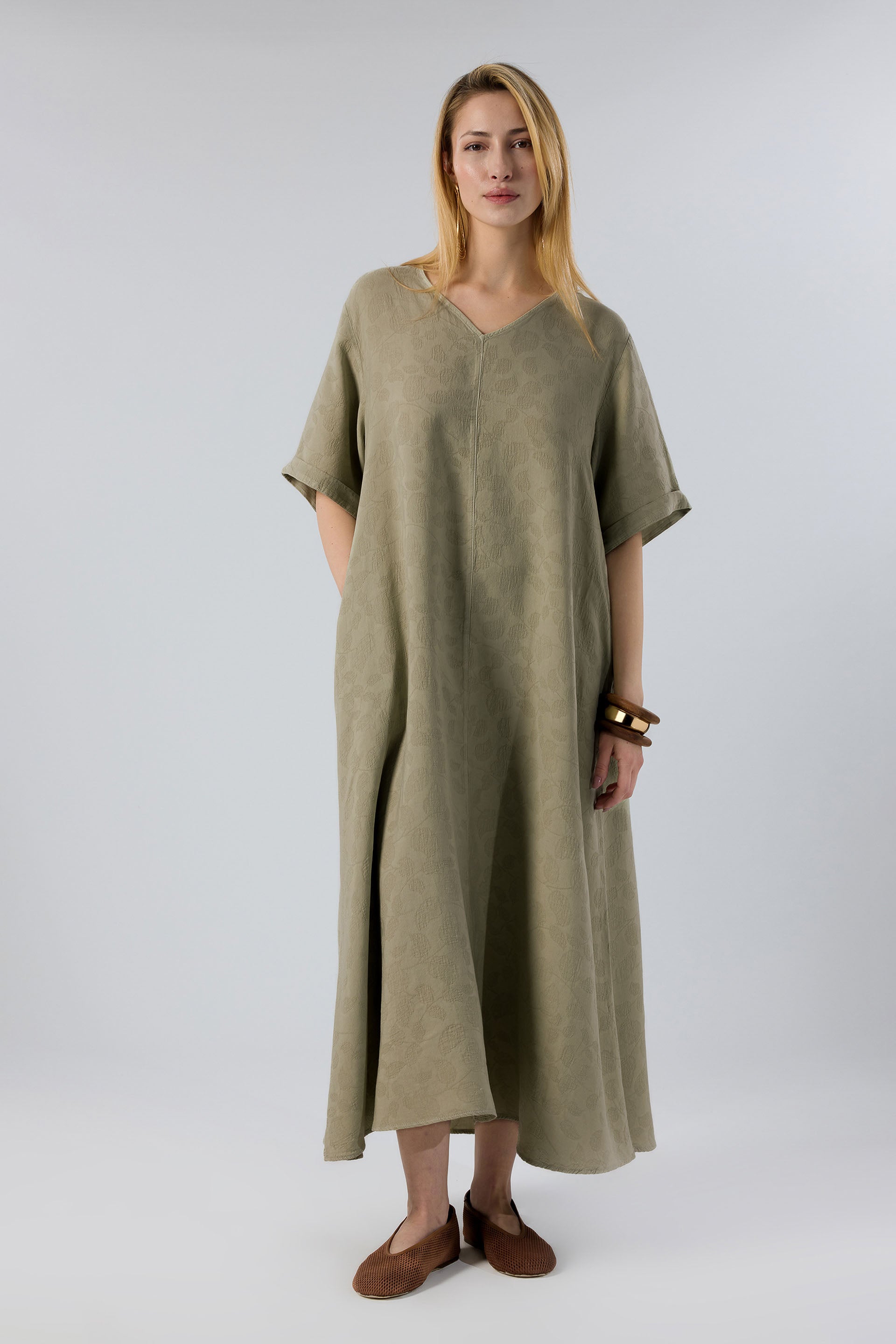 Woven Flora Dokulu Tensel Çan Elbise #renk_Olive