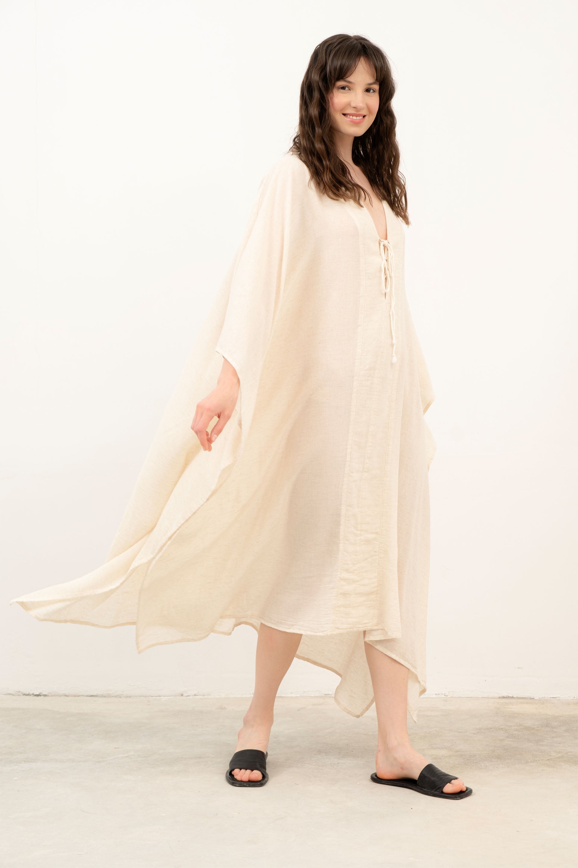 V Yaka Maxi Kaftan Elbise #Renk_ Doğal