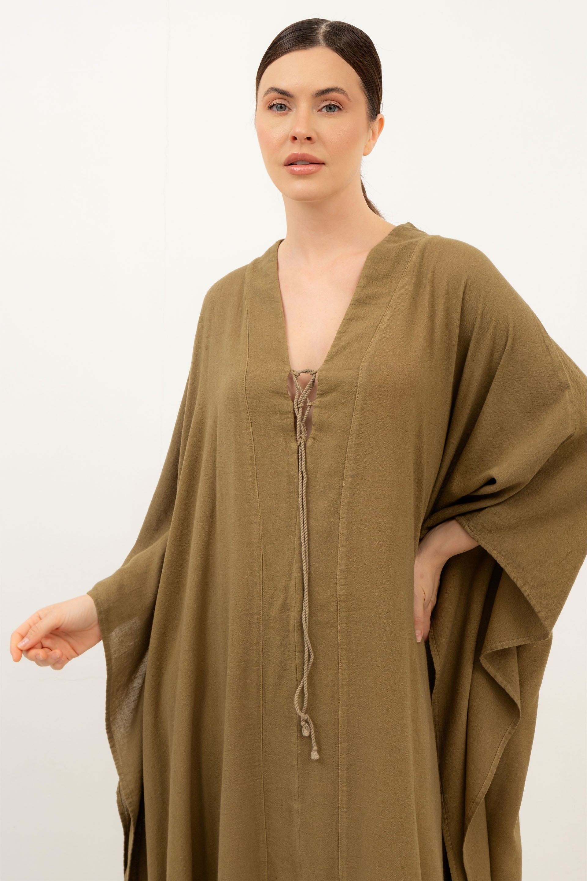 V Yaka Maxi Kaftan Elbise #Renk_ Haki