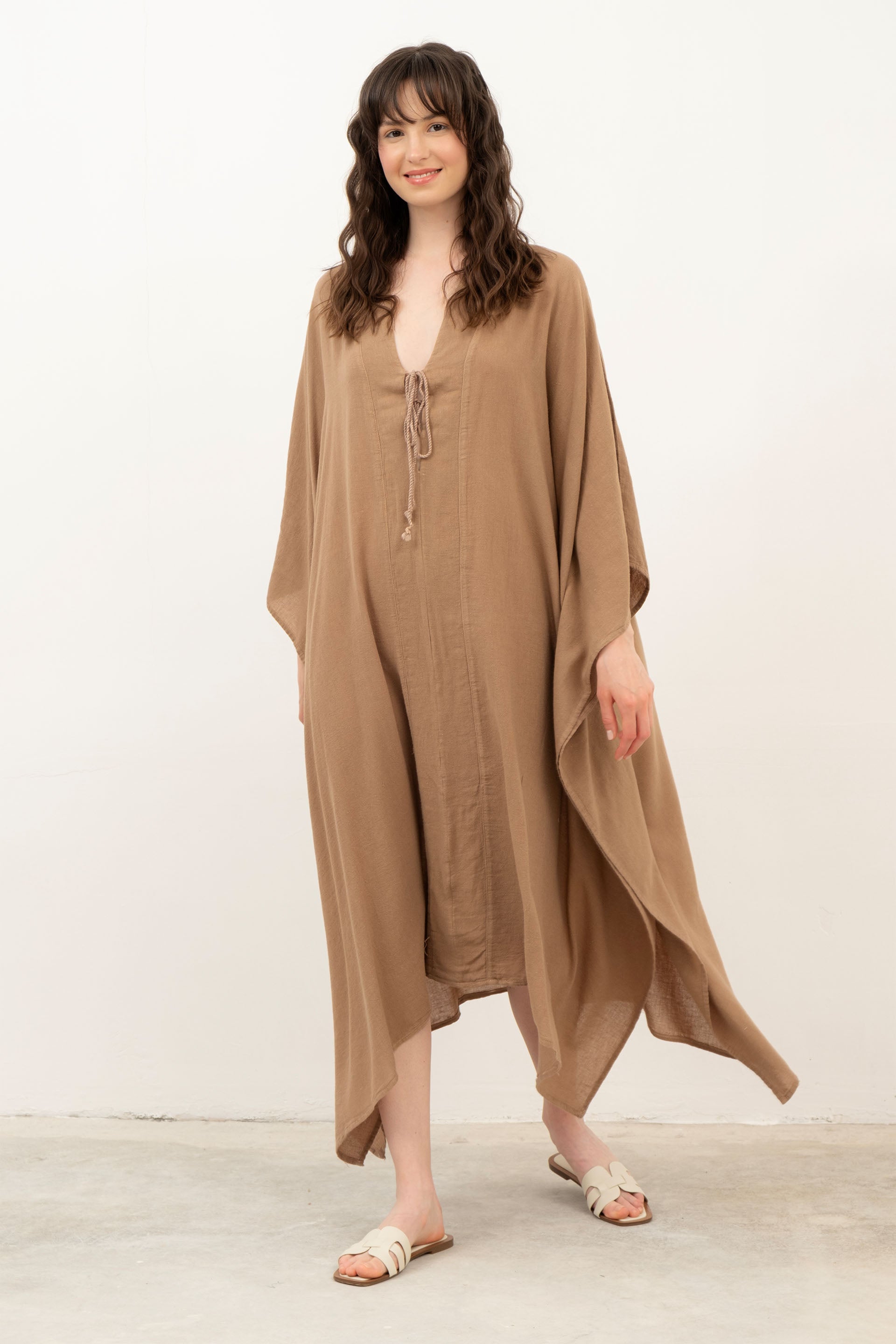V Yaka Maxi Kaftan Elbise #renk_Kahve