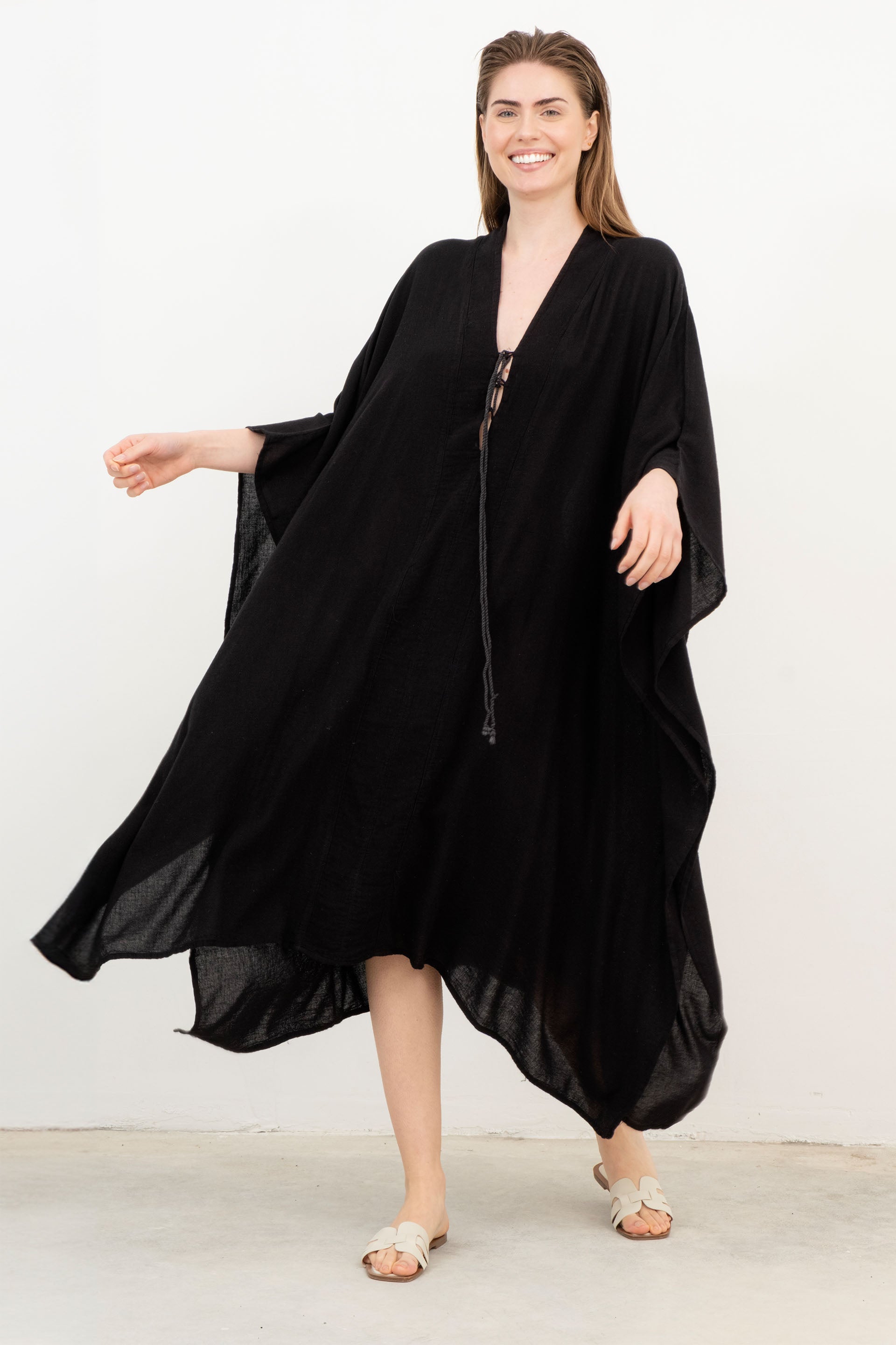 V Yaka Maxi Kaftan Elbise #Renk_ Siyah