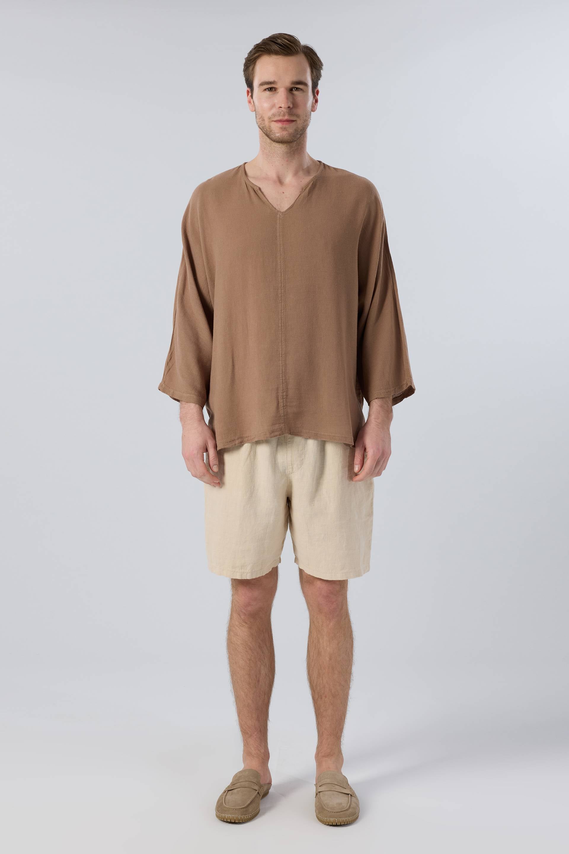 Keten Viskon Yarasa Kesim Erkek Tişört #renk_Kahve