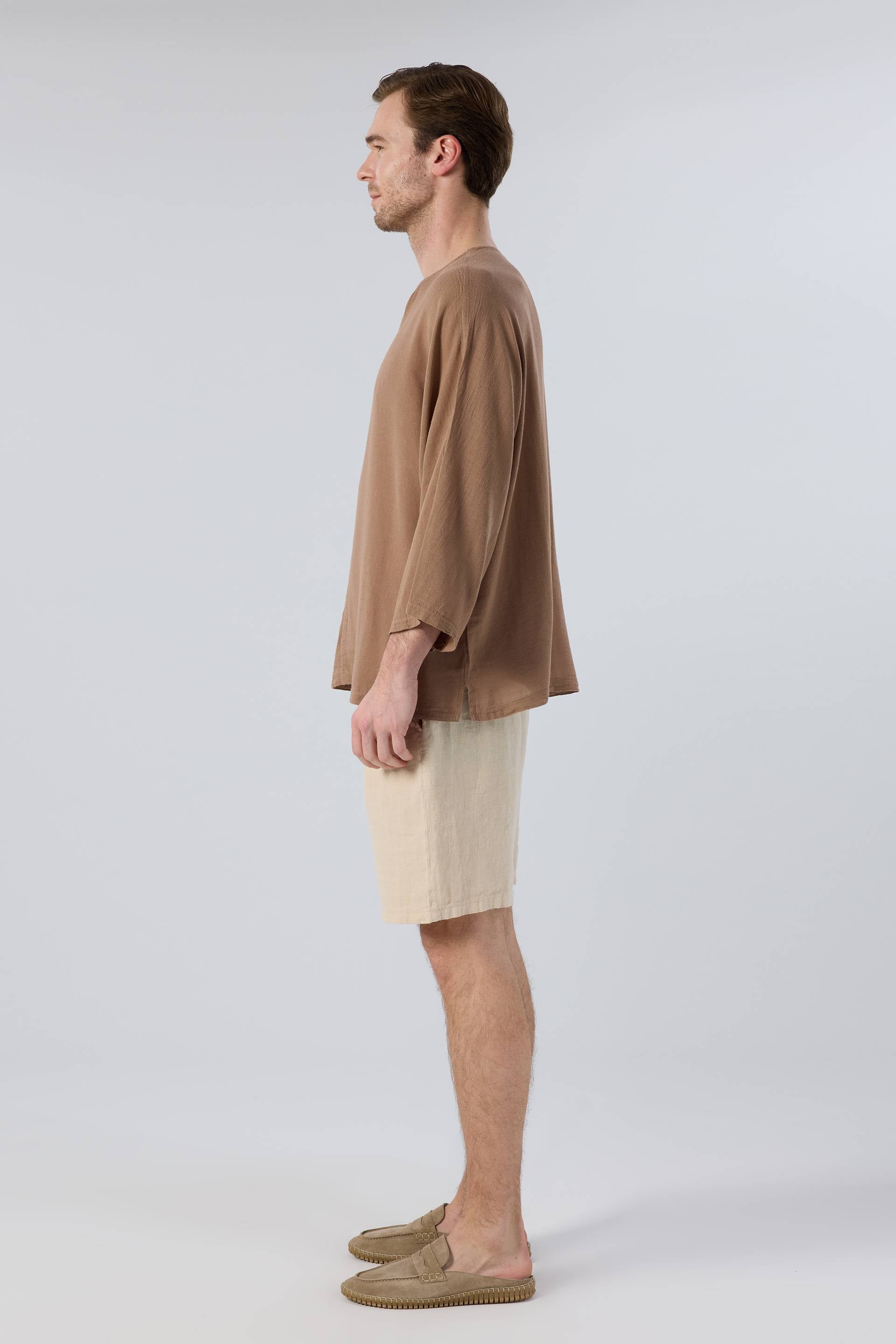 Keten Viskon Yarasa Kesim Erkek Tişört #renk_Kahve