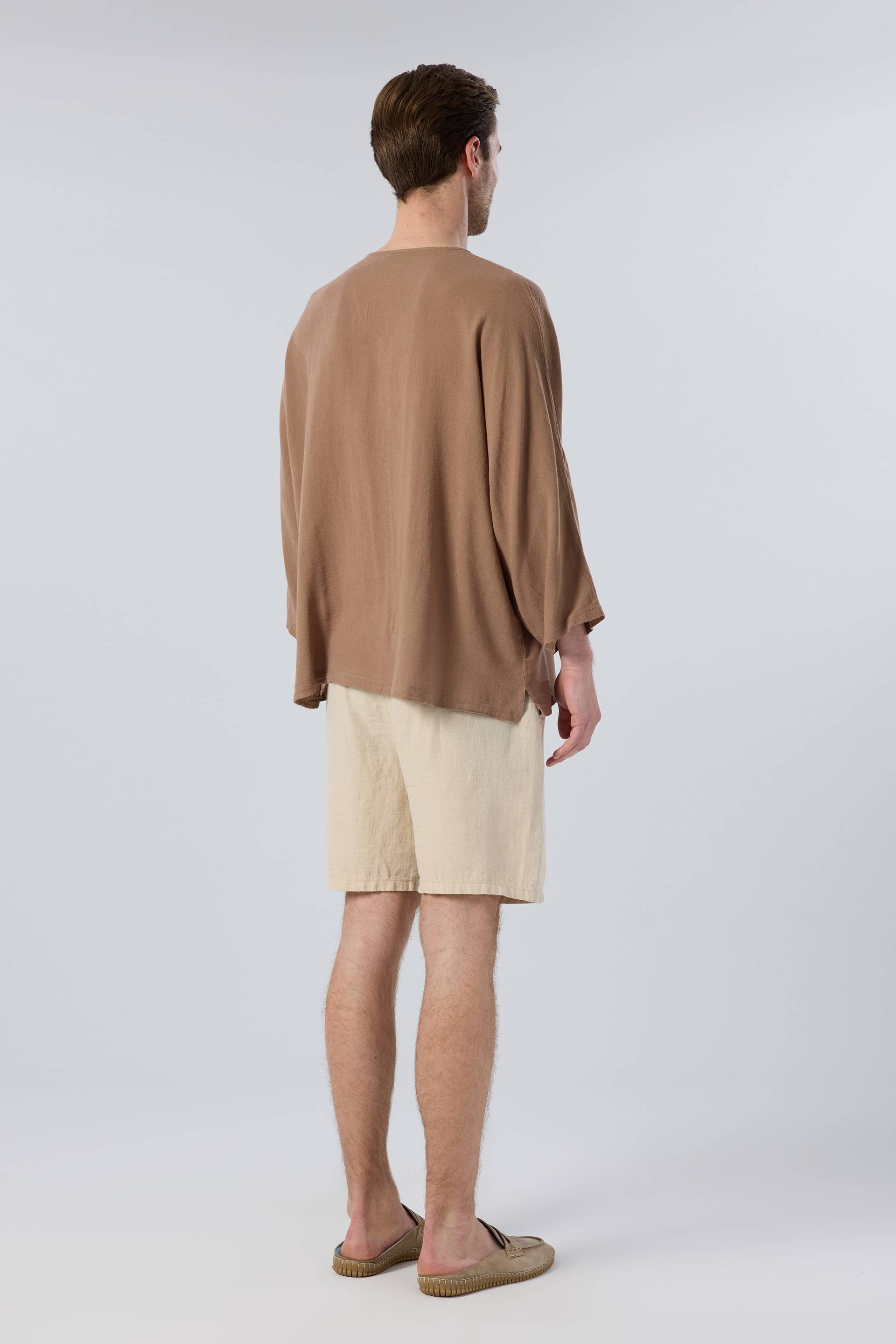 Keten Viskon Yarasa Kesim Erkek Tişört #renk_Kahve