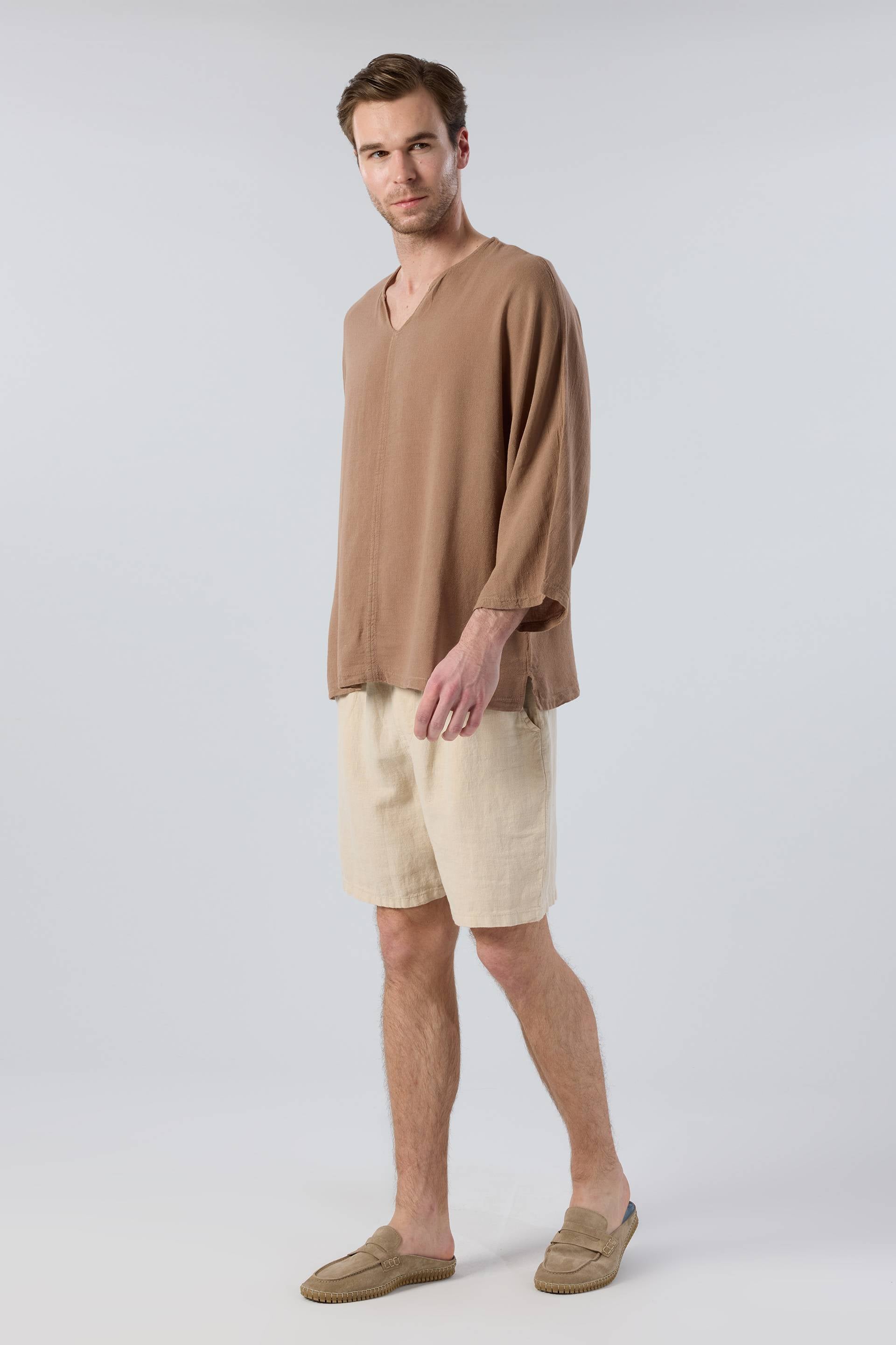 Keten Viskon Yarasa Kesim Erkek Tişört #renk_Kahve