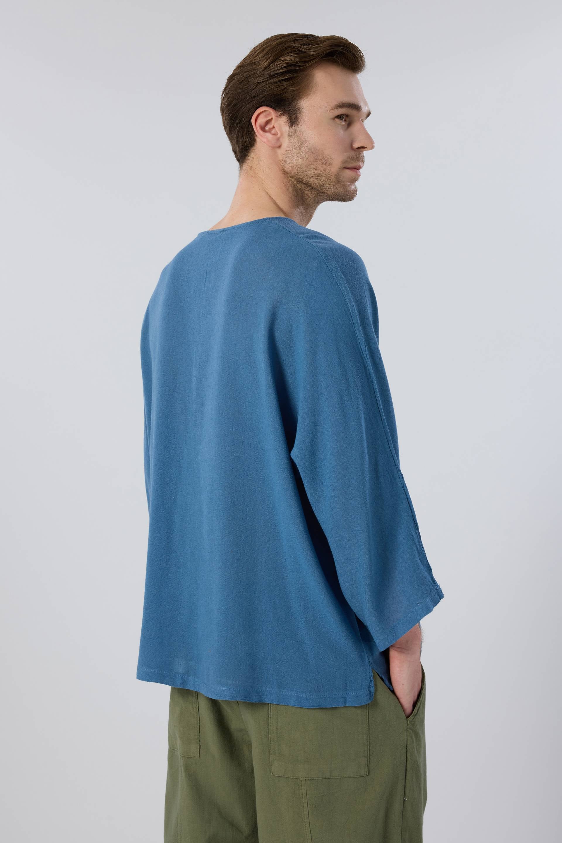 Keten Viskon Yarasa Kesim Erkek Tişört #renk_Indigo