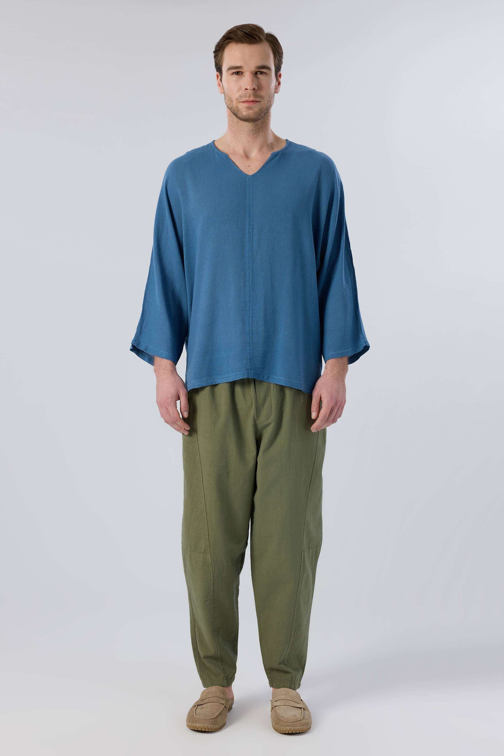 Keten Viskon Yarasa Kesim Erkek Tişört #renk_Indigo