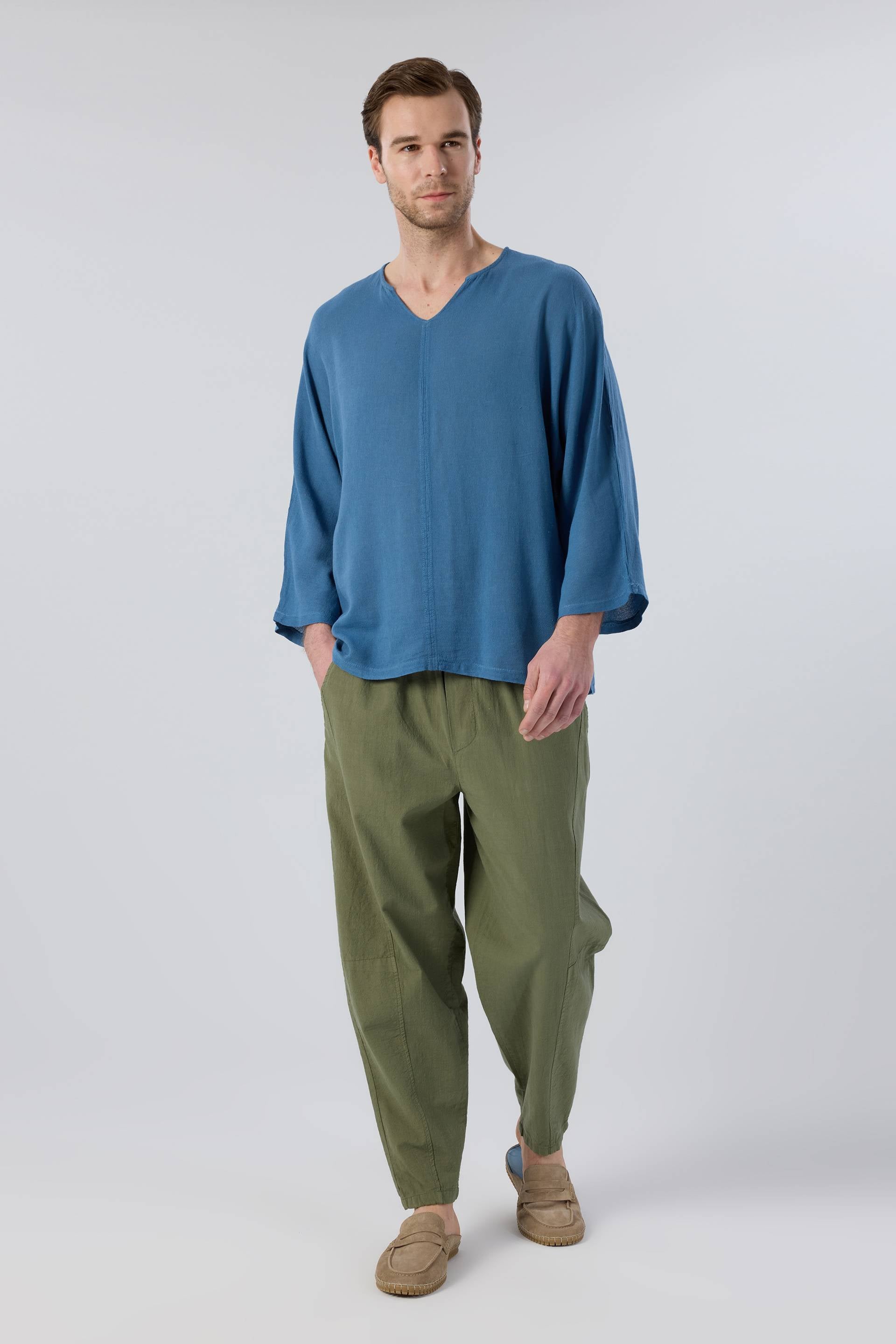 Keten Viskon Yarasa Kesim Erkek Tişört #renk_Indigo