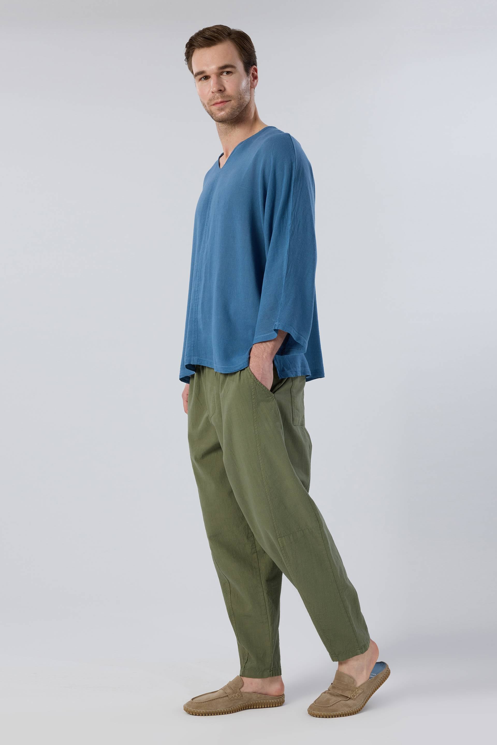 Keten Viskon Yarasa Kesim Erkek Tişört #renk_Indigo