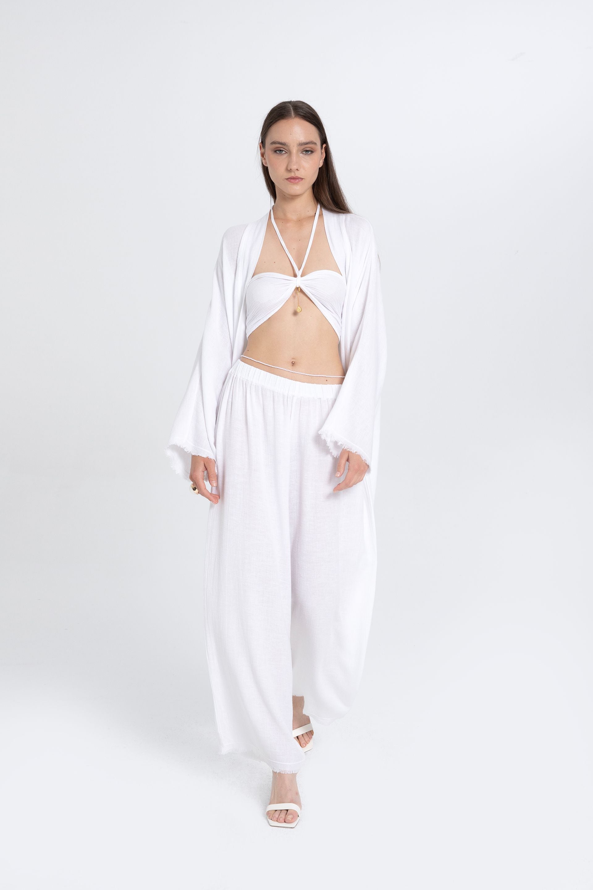 Natural Dokulu Oversize Kimono #renk_Beyaz