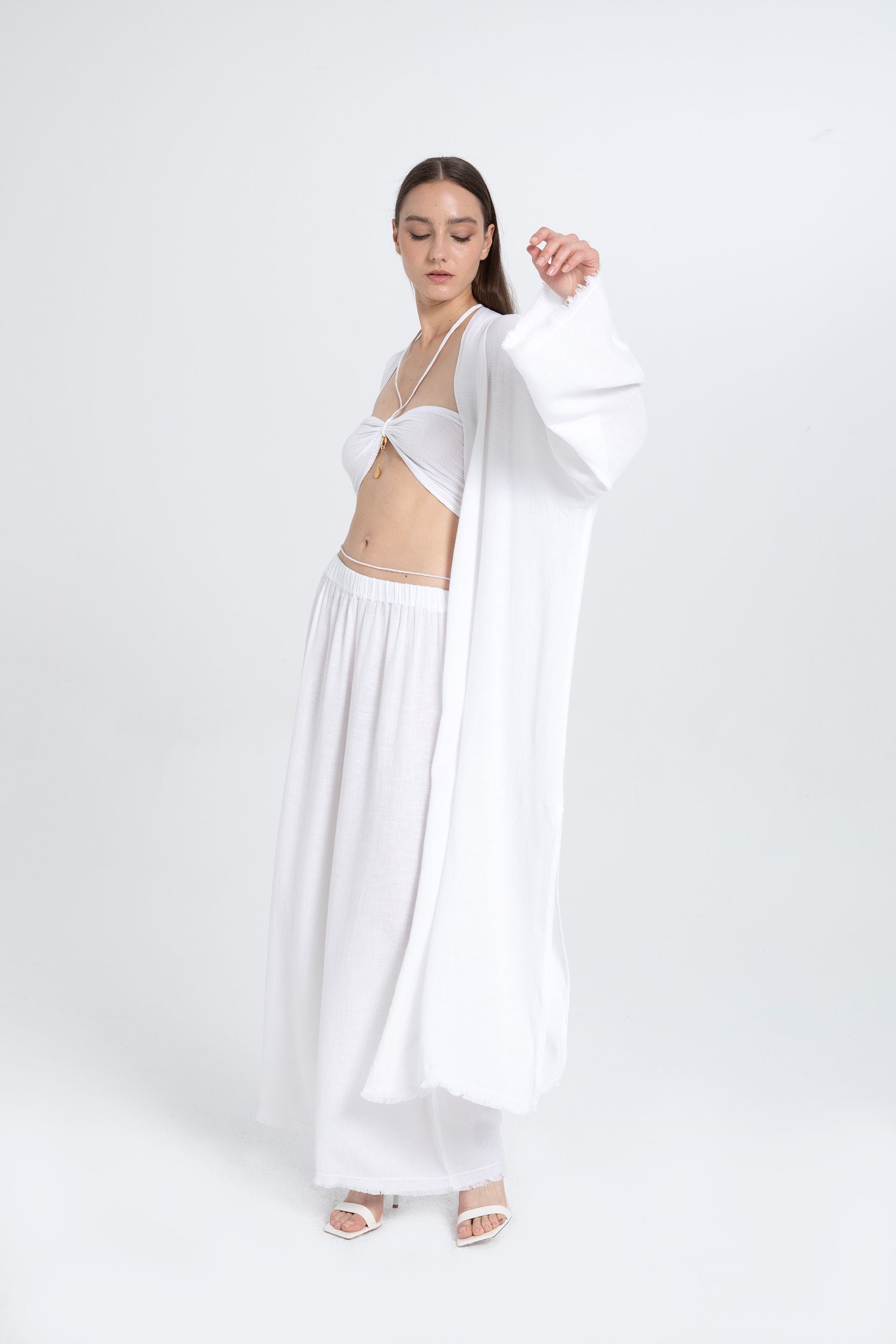 Natural Dokulu Oversize Kimono #renk_Beyaz
