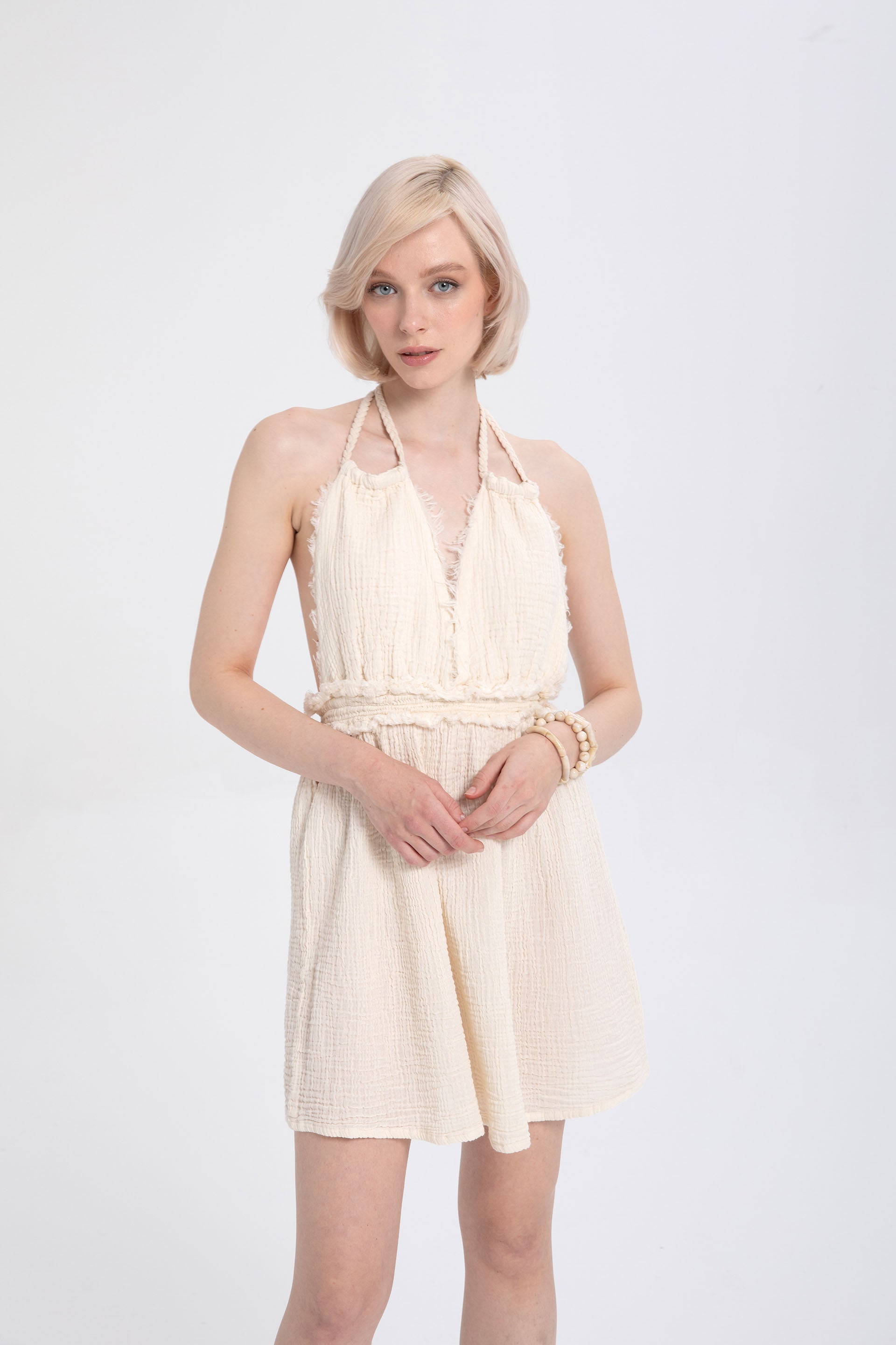 Müslin Sırtı Açık Mini Elbise #renk_Doğal