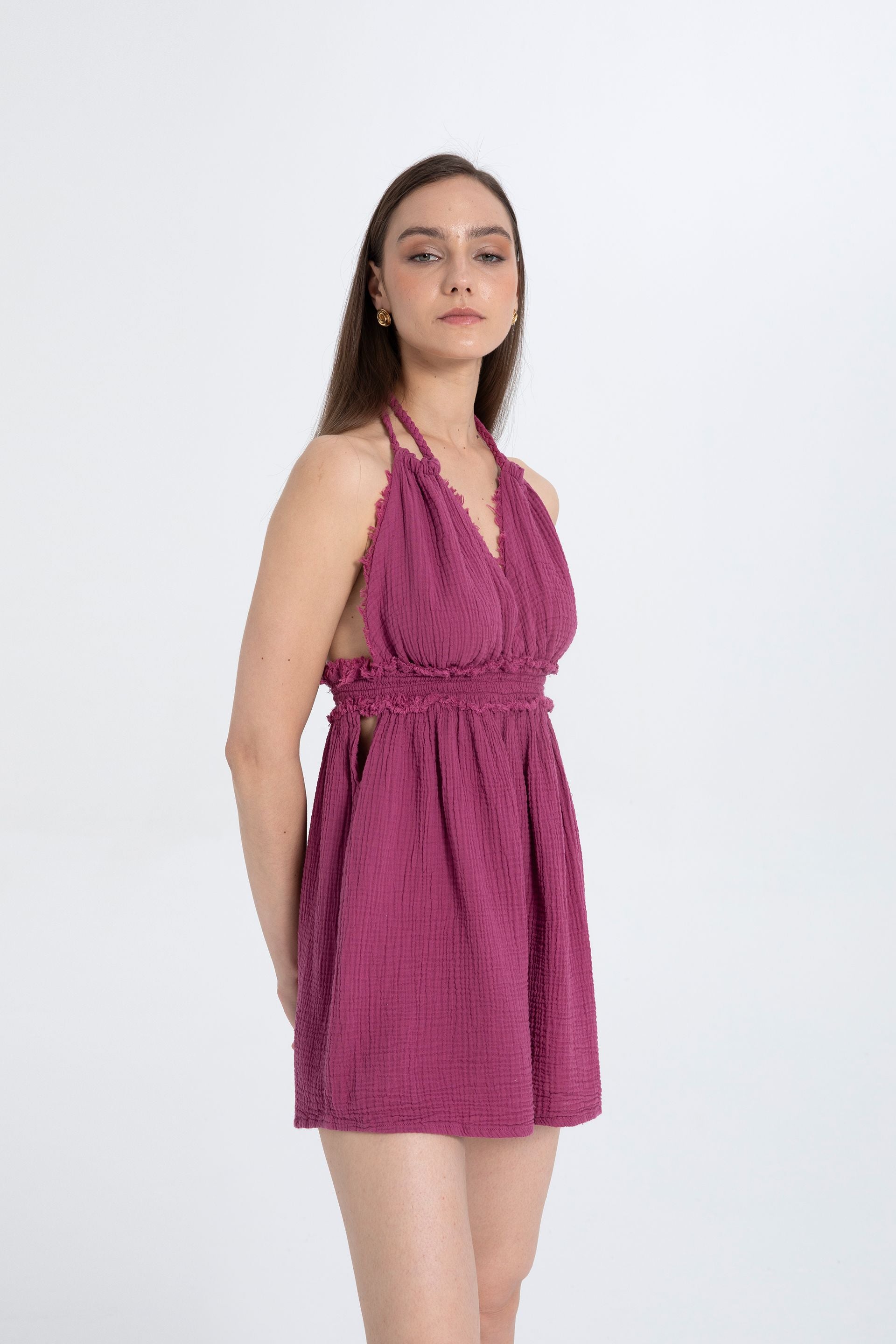 Müslin Sırtı Açık Mini Elbise #renk_Fuşya