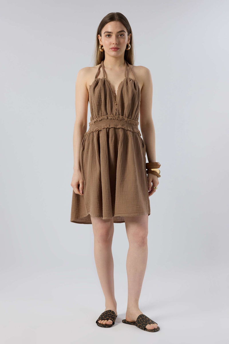 Müslin Sırtı Açık Mini Elbise — Summer Rhythm SS26, müslin kumaş, Kahve renk