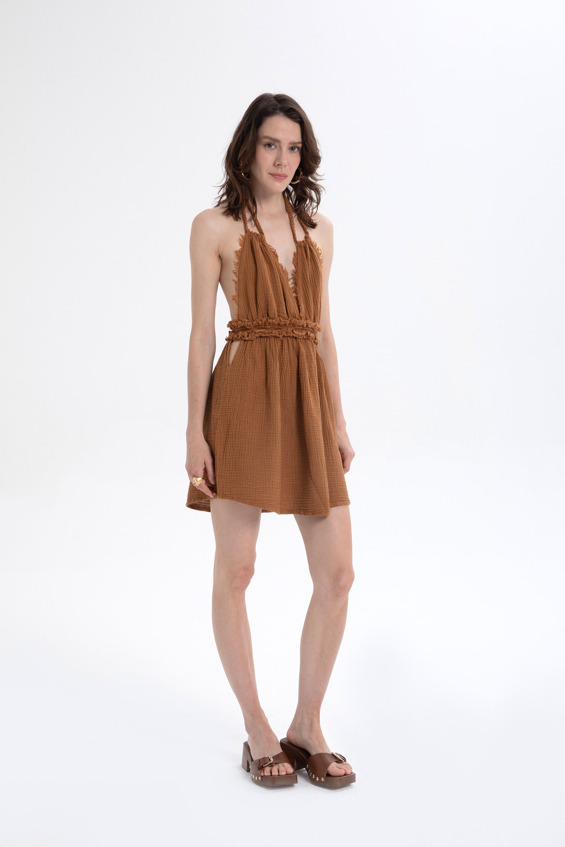 Müslin Sırtı Açık Mini Elbise #renk_Terra Cotta