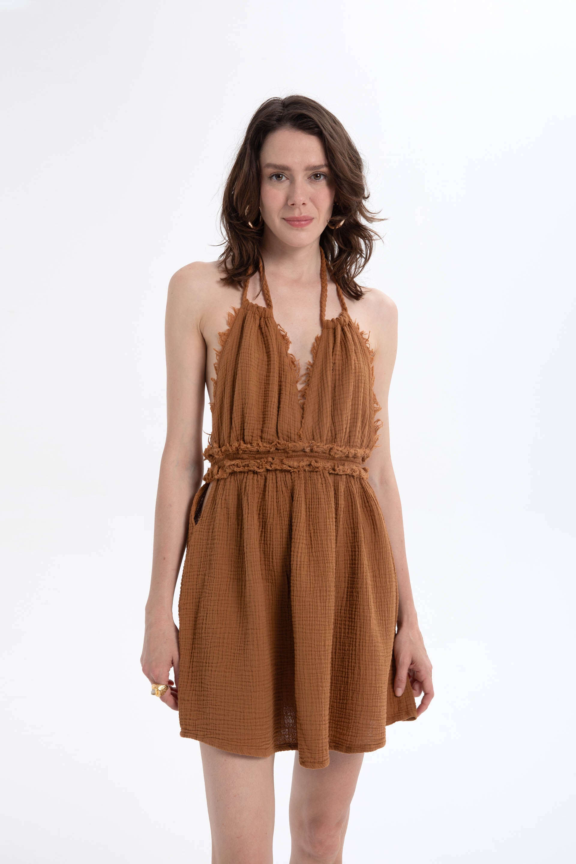 Müslin Sırtı Açık Mini Elbise #renk_Terra Cotta