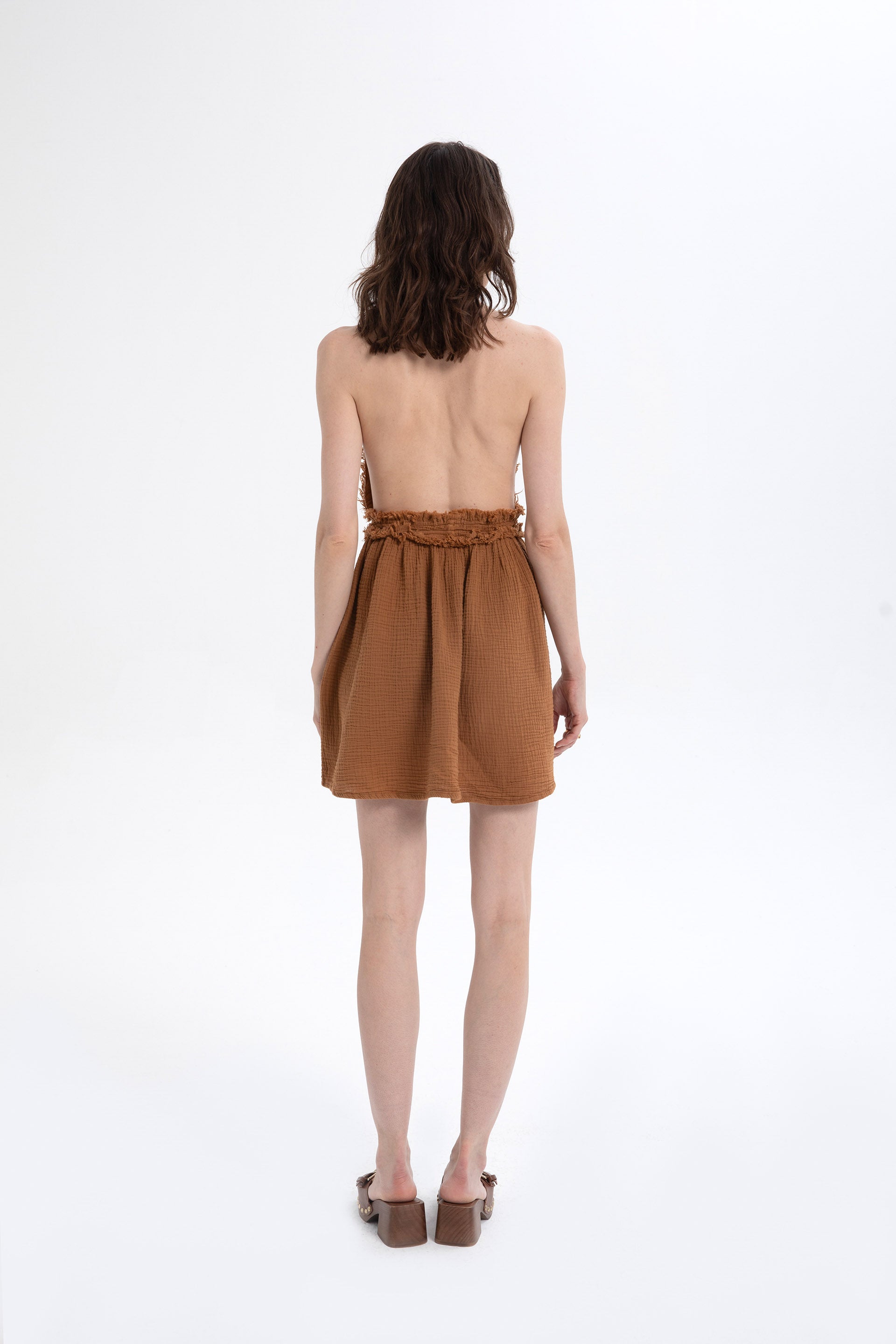 Müslin Sırtı Açık Mini Elbise #renk_Terra Cotta