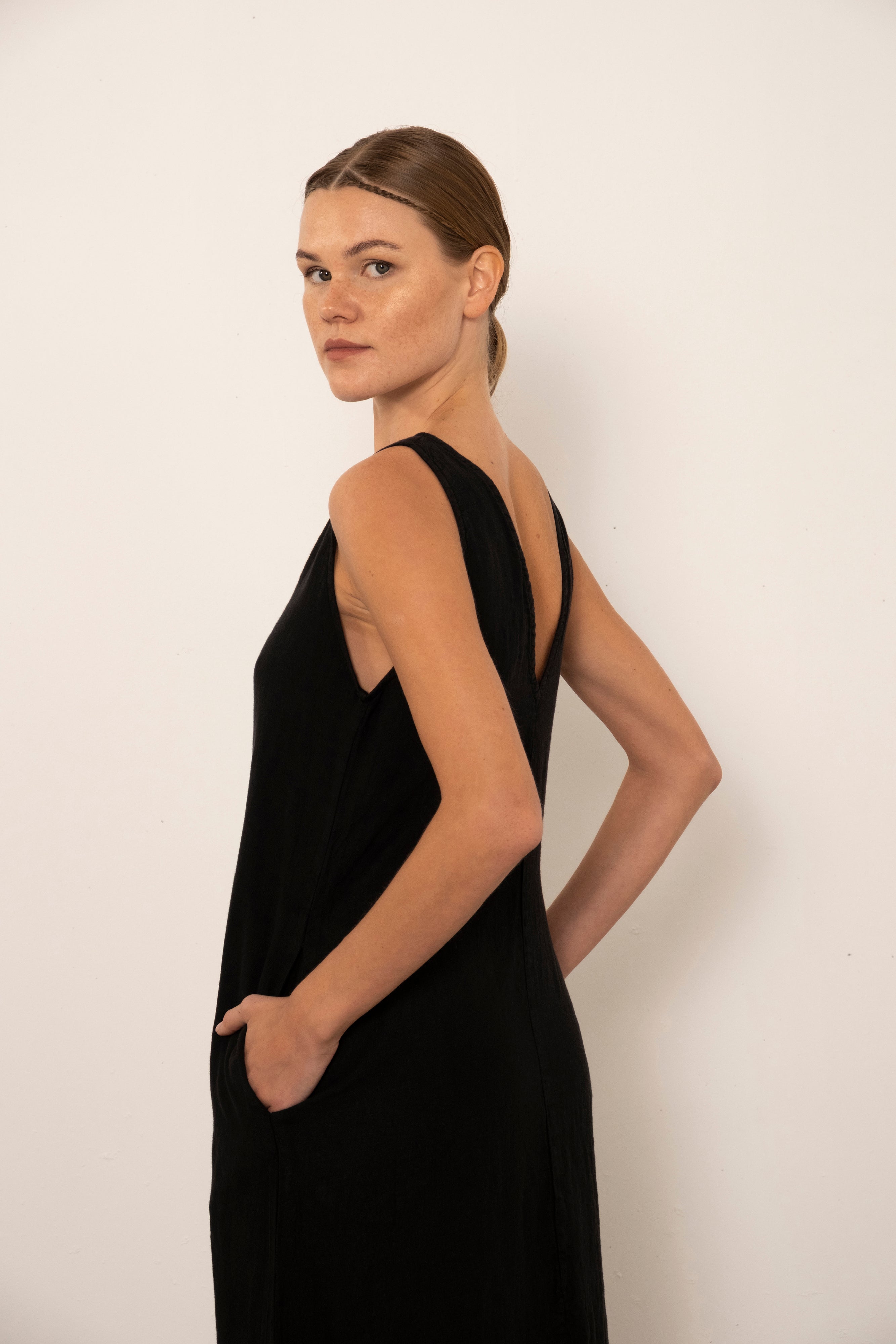 V-Neck Raw Linen Dress with Slits