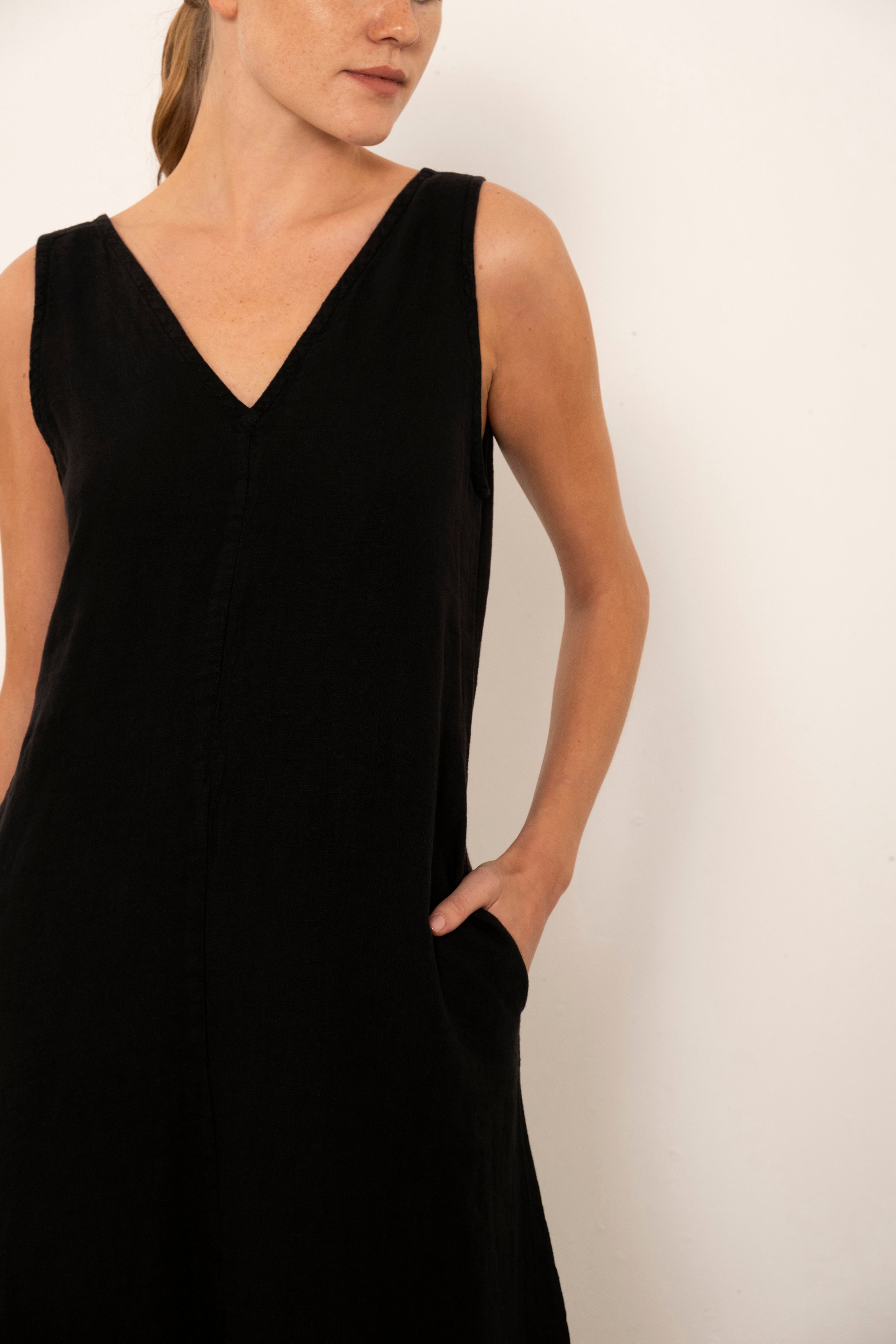 V-Neck Raw Linen Dress with Slits
