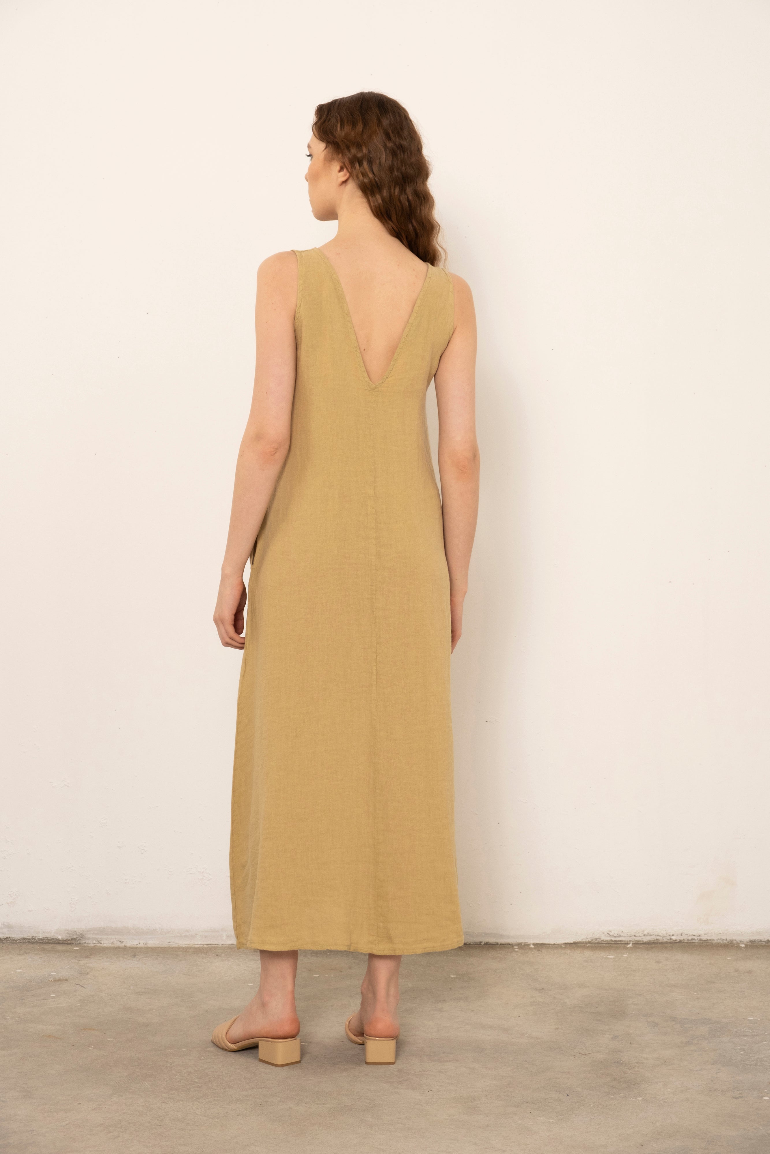V-Neck Raw Linen Dress with Slits