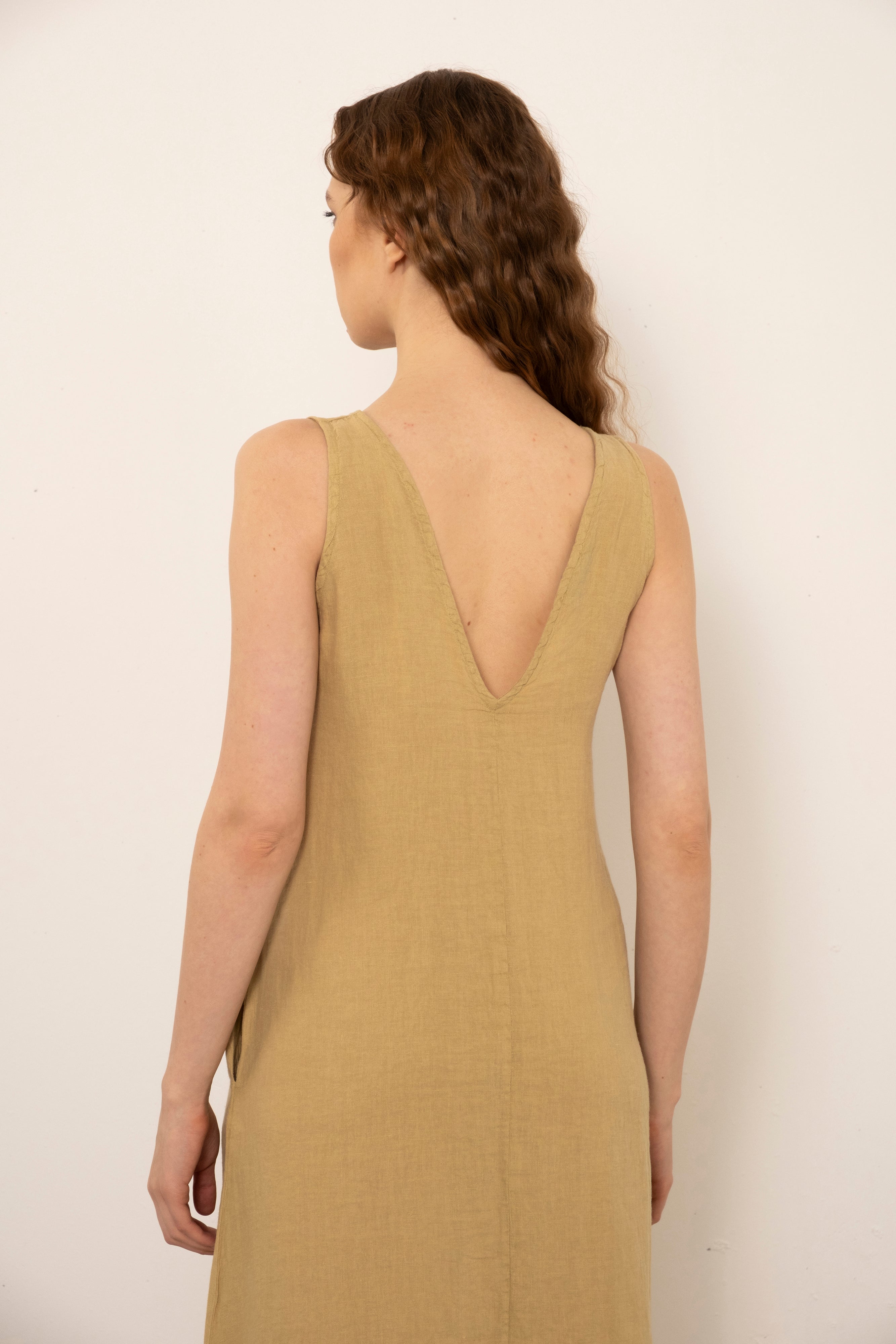 V-Neck Raw Linen Dress with Slits