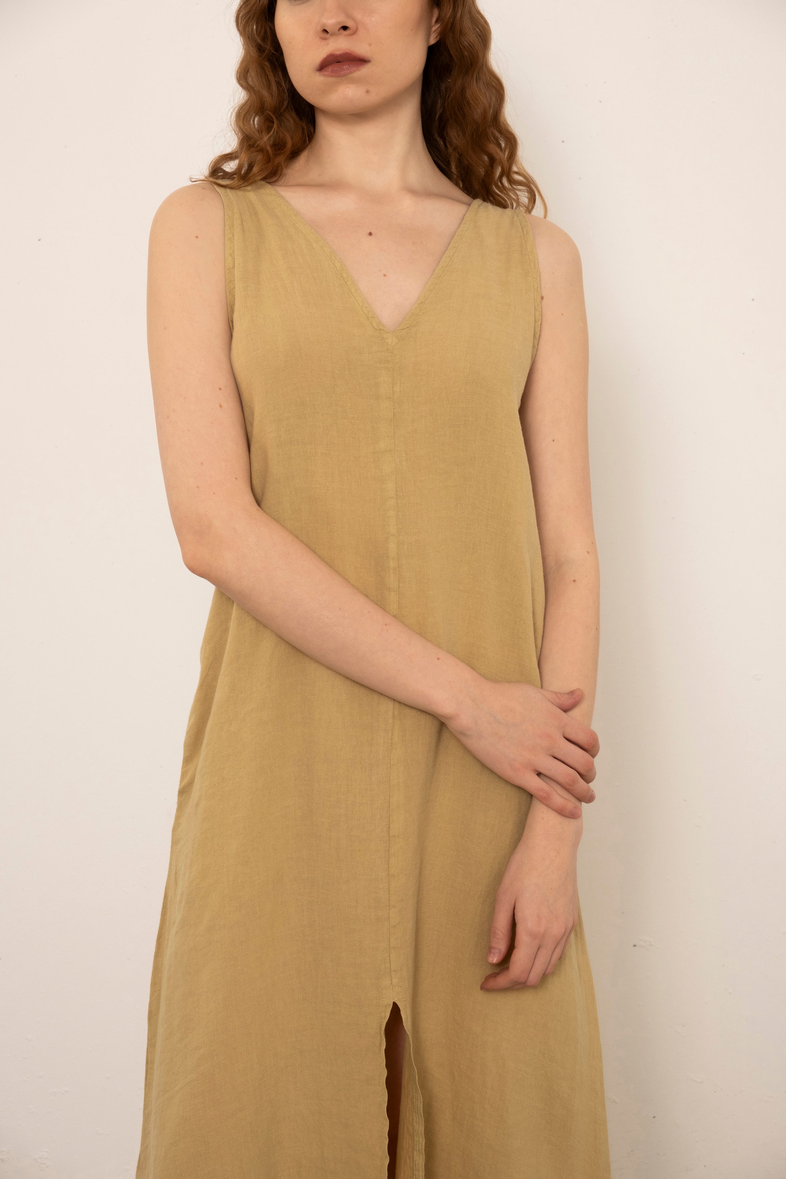 V-Neck Raw Linen Dress with Slits