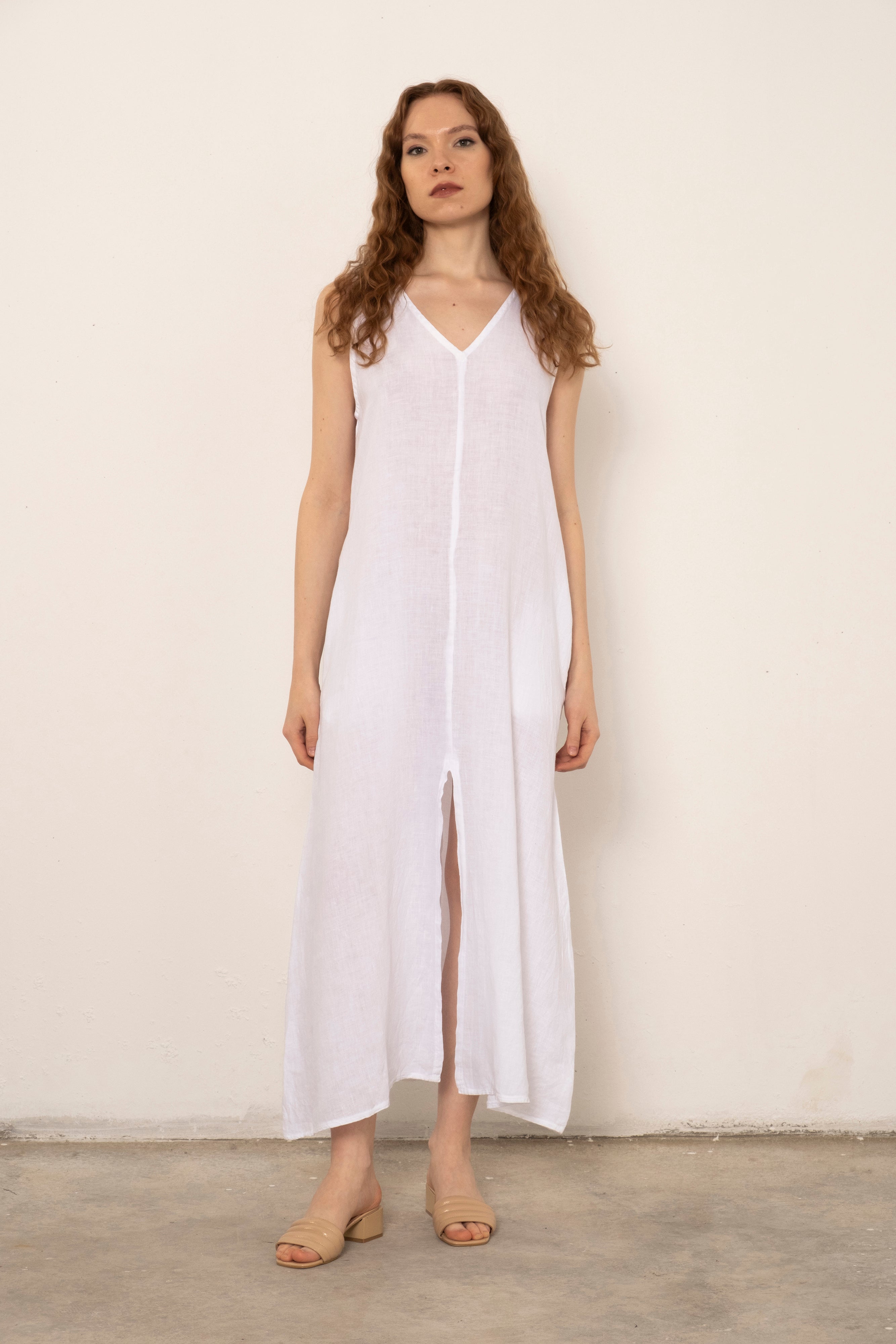 V-Neck Raw Linen Dress with Slits
