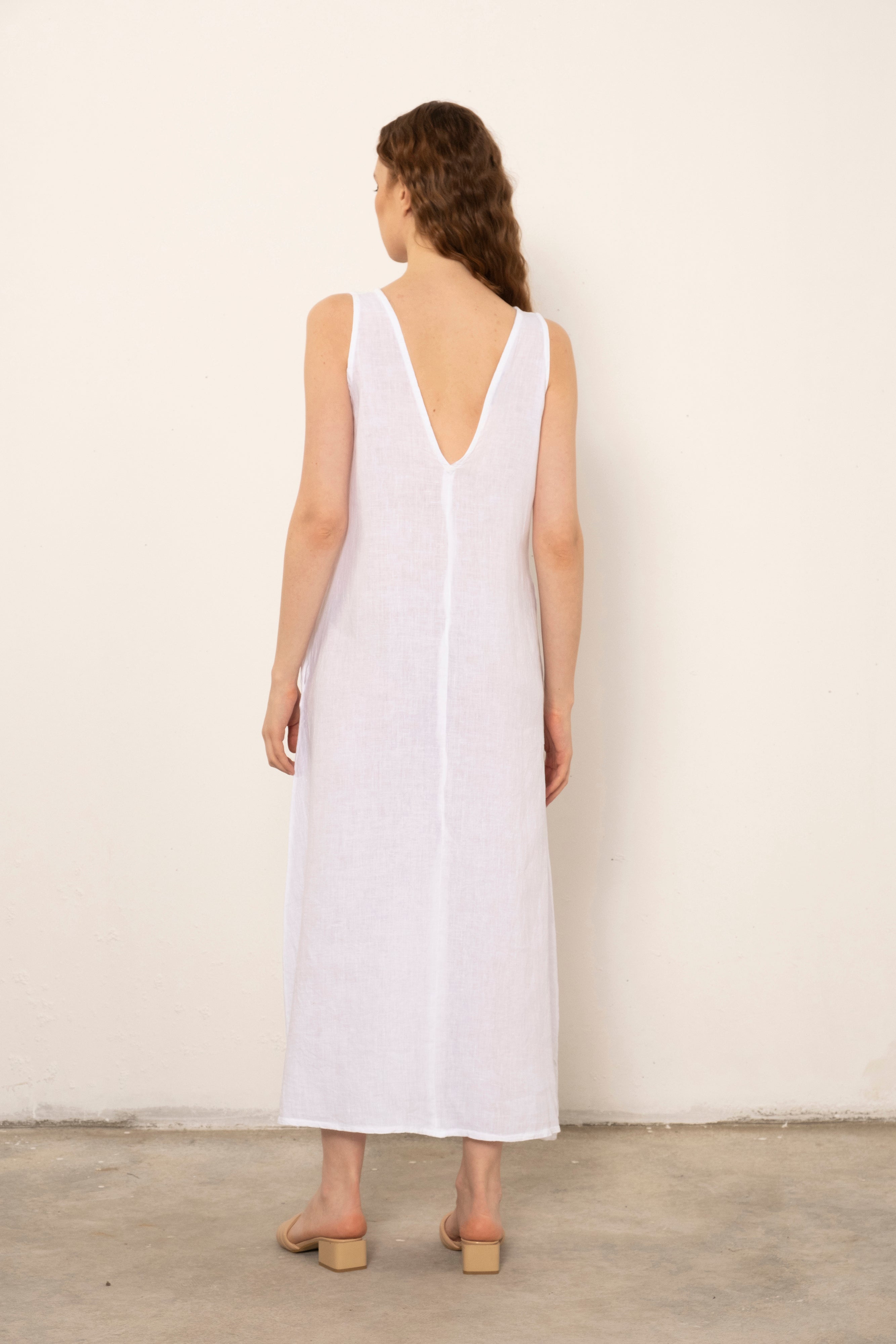 V-Neck Raw Linen Dress with Slits